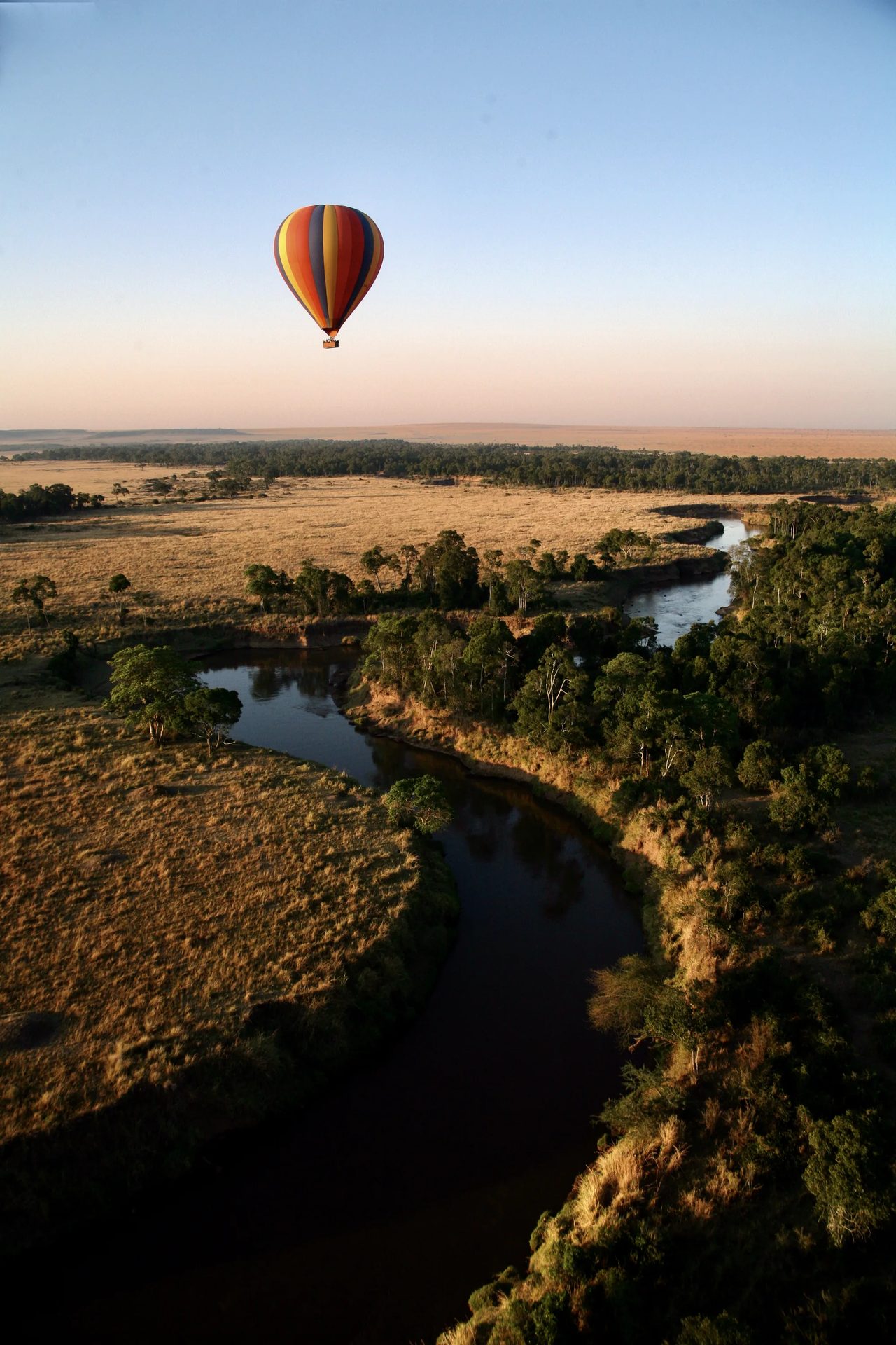 A dawn balloon over river country on the Kenyan plains, the chapter before Bwindi
