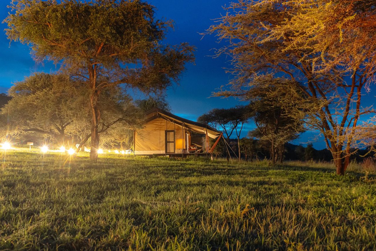 Lantern-lit safari camp at dusk in the Serengeti