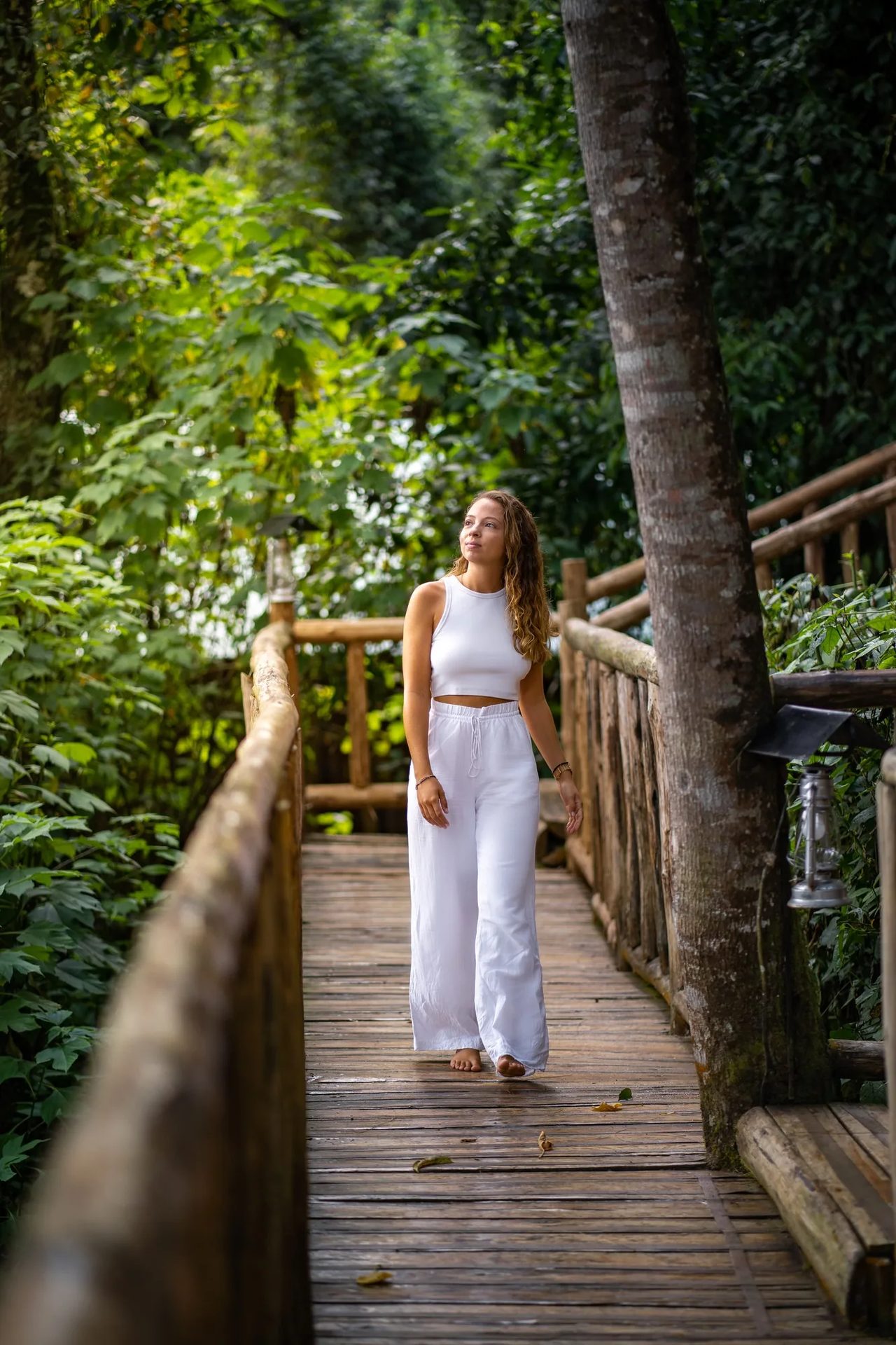 A guest in white walks a forest boardwalk in soft light
