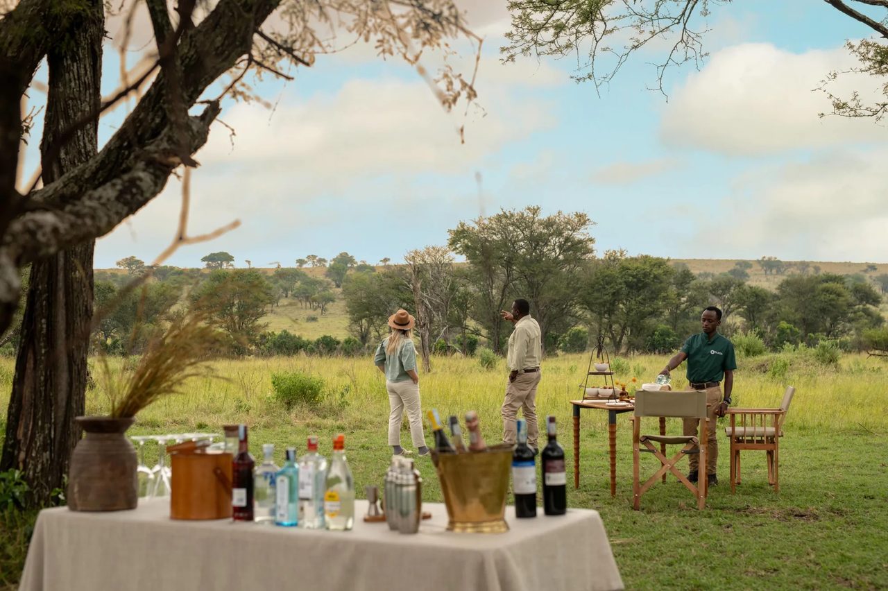 A travelling party gathers at a bush lunch table on open green