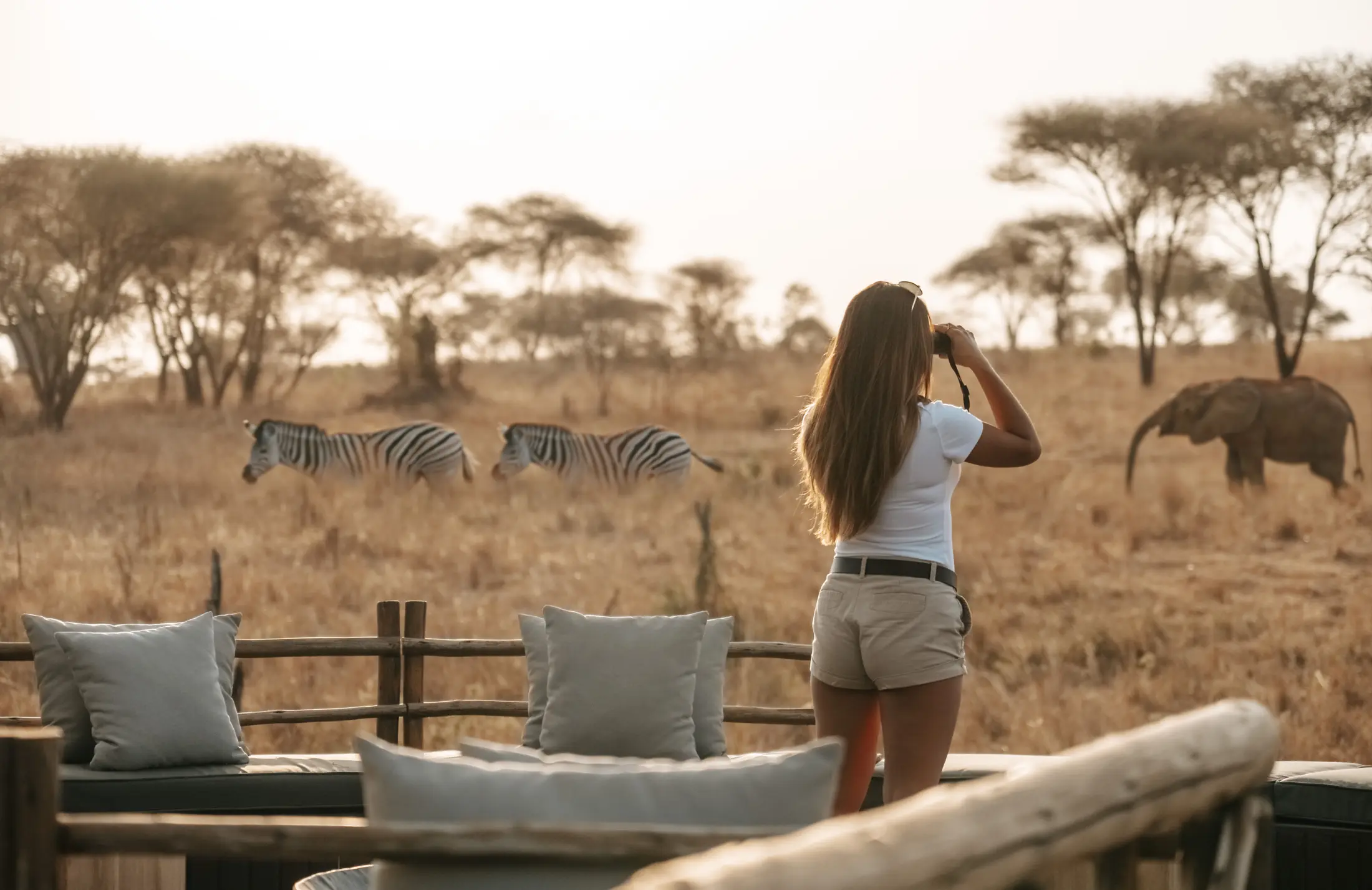 Guest watching wildlife from a safari camp firepit deck