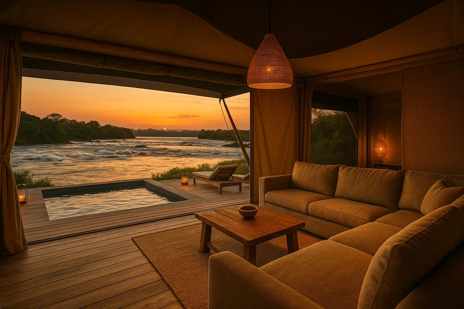 Evening light settles over a lounge above the Nile