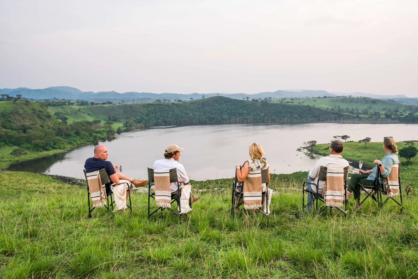 Sundowners set above Uganda's western crater lakes at dusk