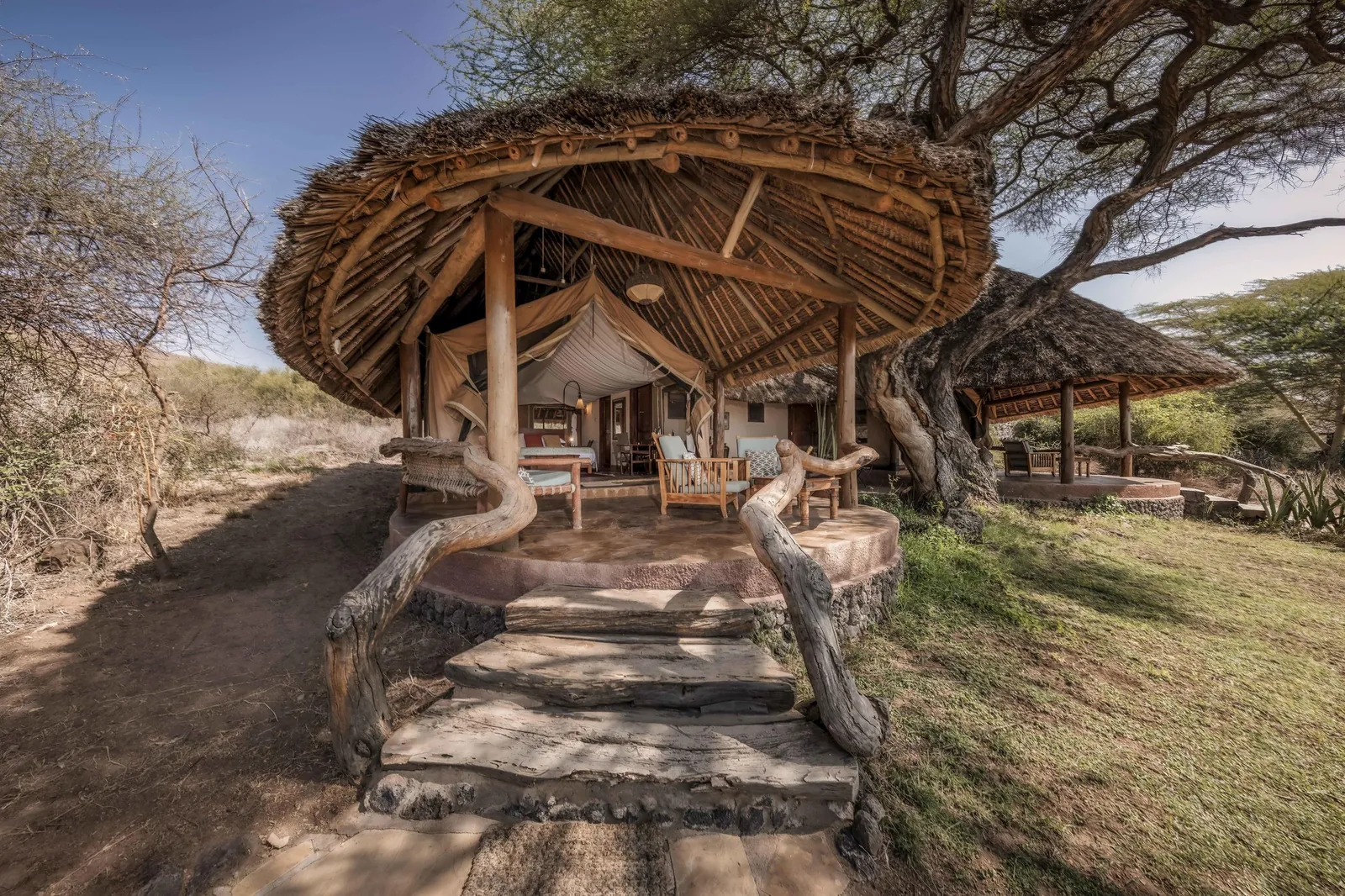 A curved thatch deck waits under an acacia near the mountain
