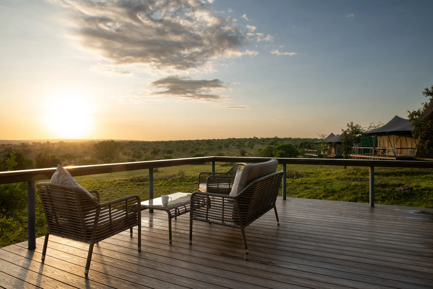 Sunset from a lodge deck over the plains