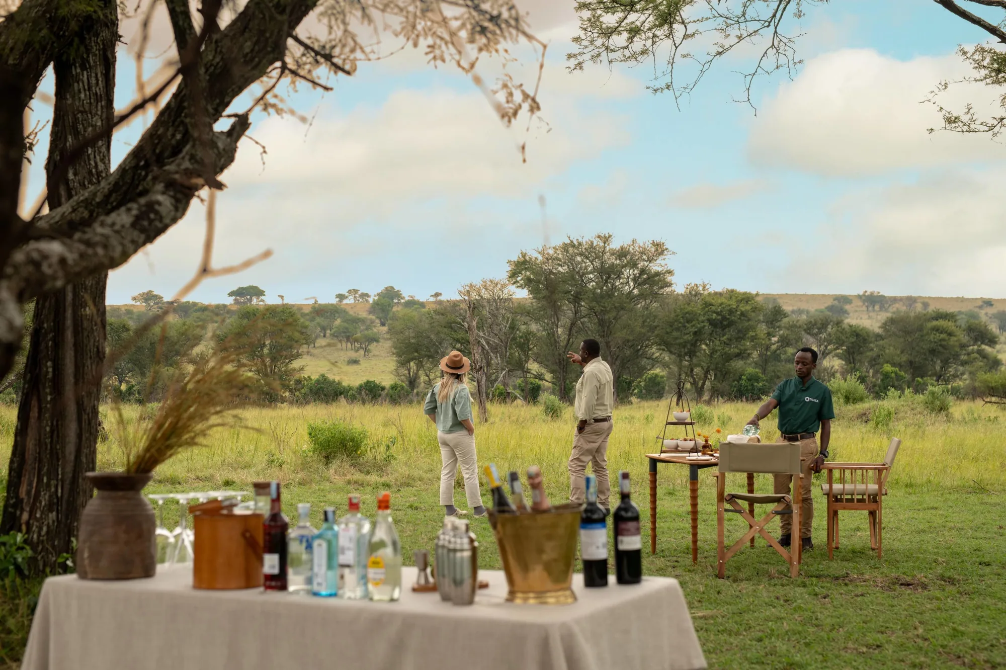 A travelling party gathers at a bush lunch table on open green