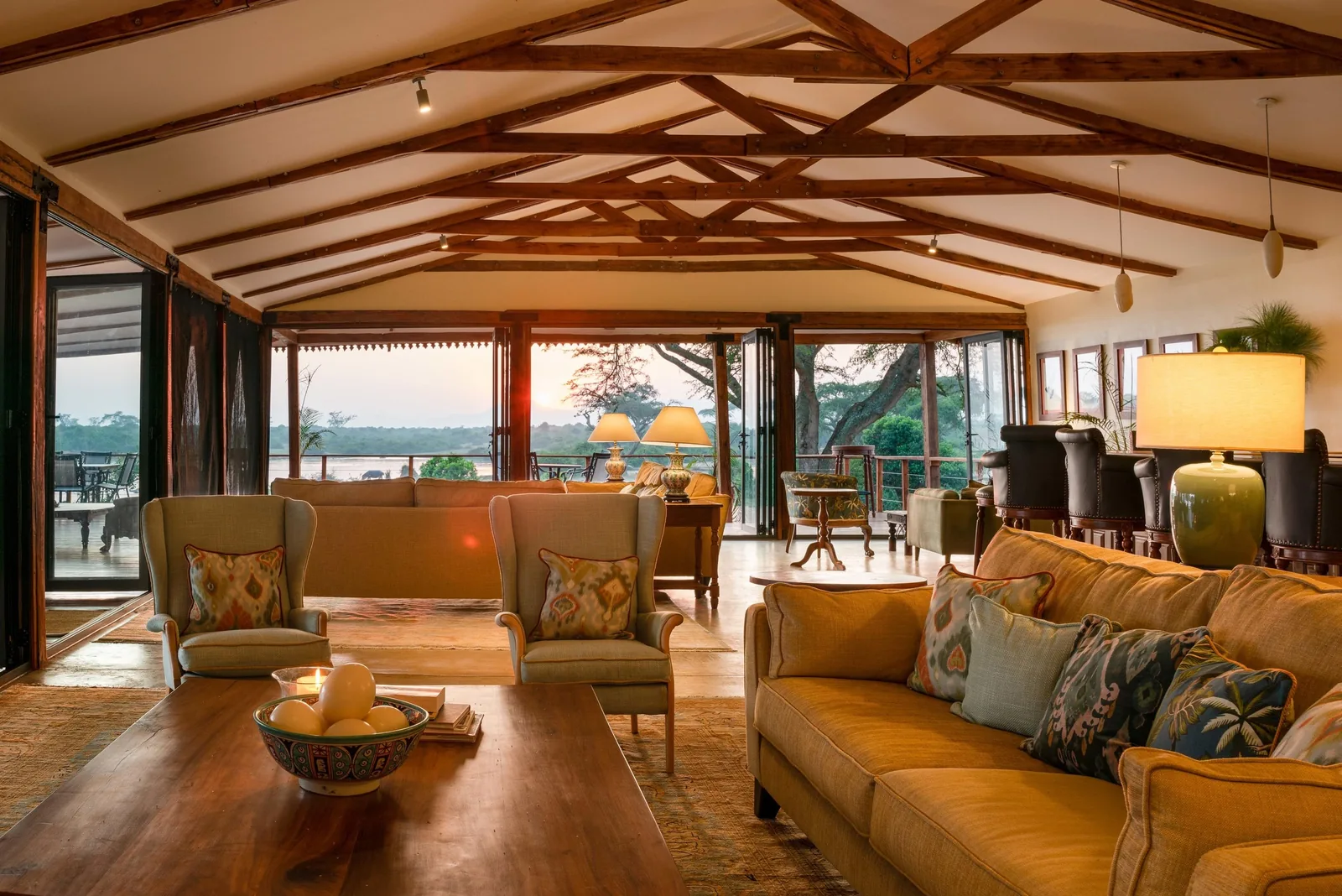 A highland lodge lounge looks out over the caldera country