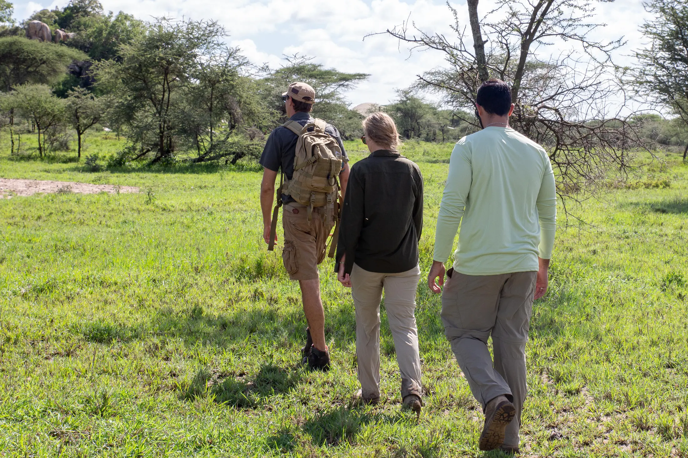 Guests walking single file with a professional safari guide in the Serengeti