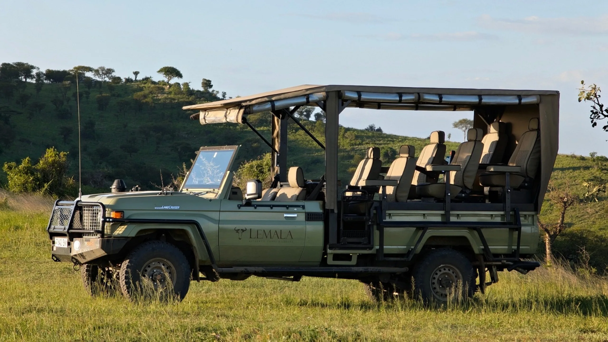 An open-sided photographic cruiser stands ready with clear sightlines on every row