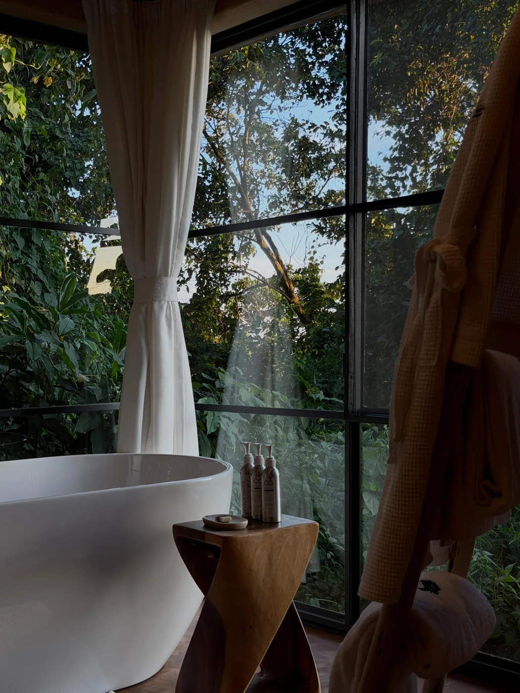 A freestanding bath looks into the forest canopy