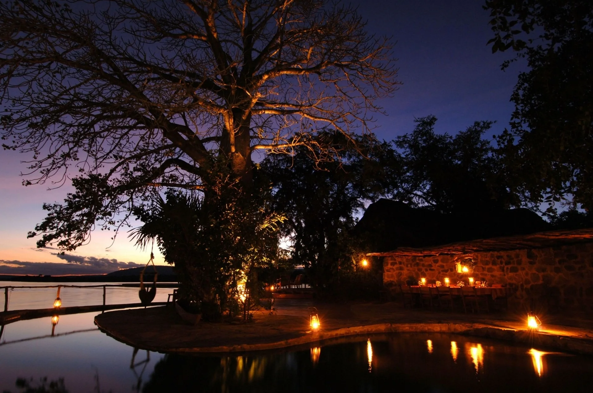 Lanterns light a camp pool beneath a great baobab at dusk