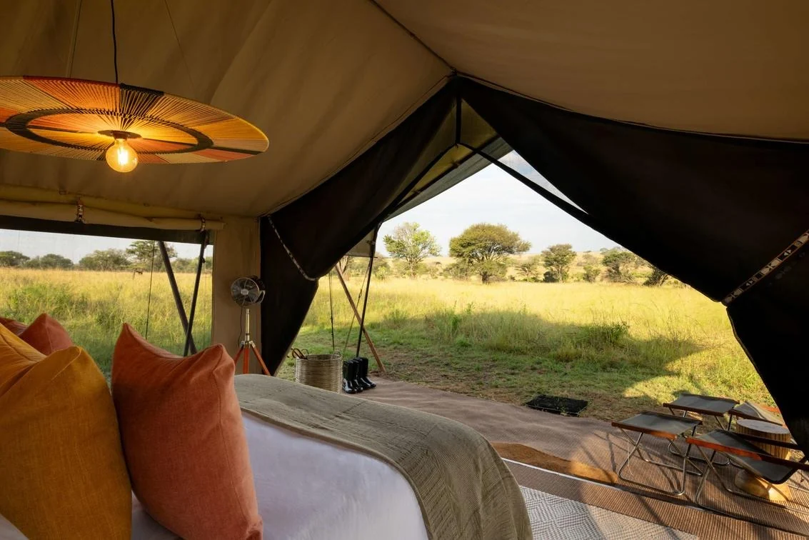 A mobile guest tent's bed looks straight out onto the open plain