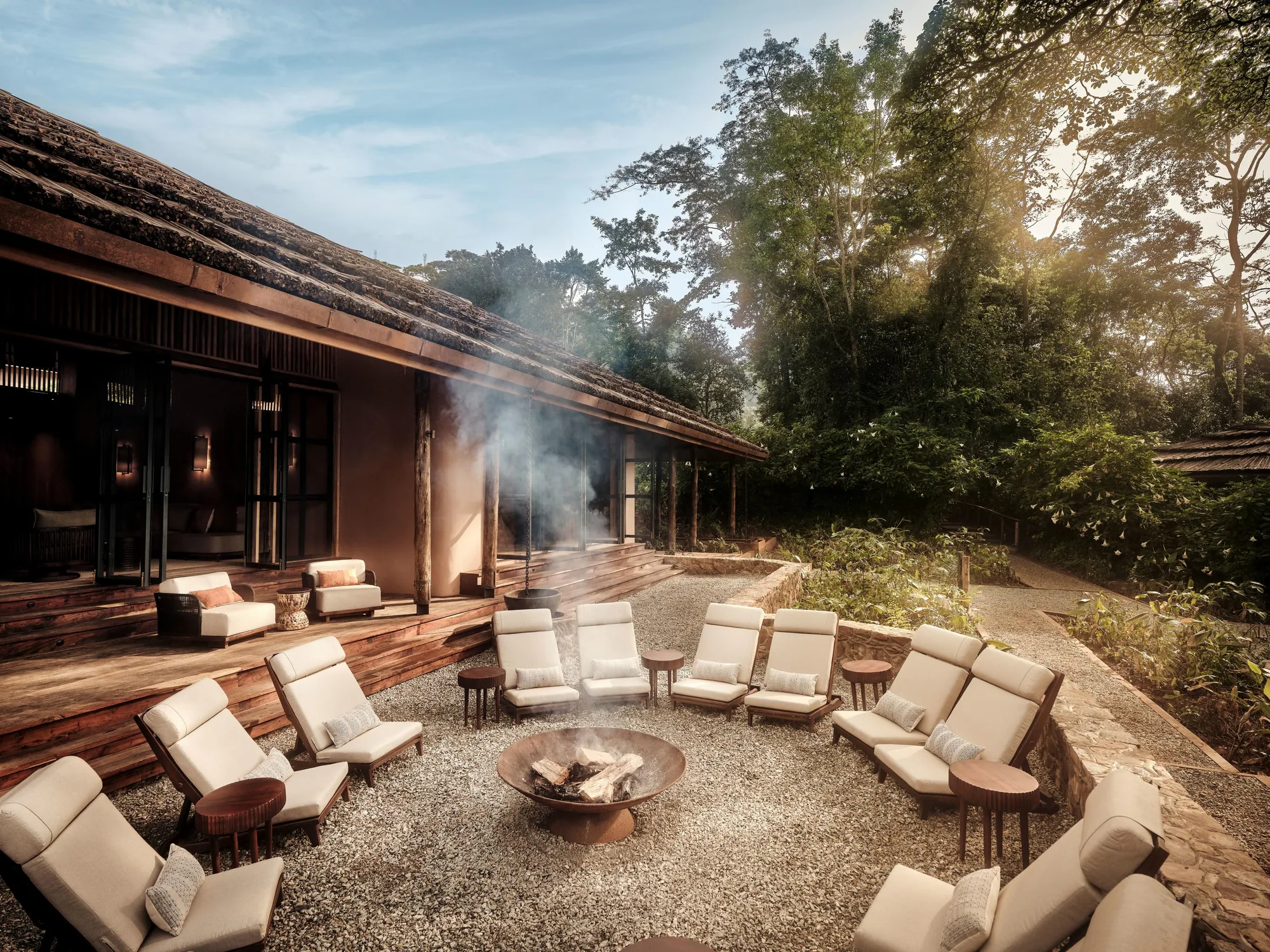 The courtyard firepit at a Bwindi forest lodge