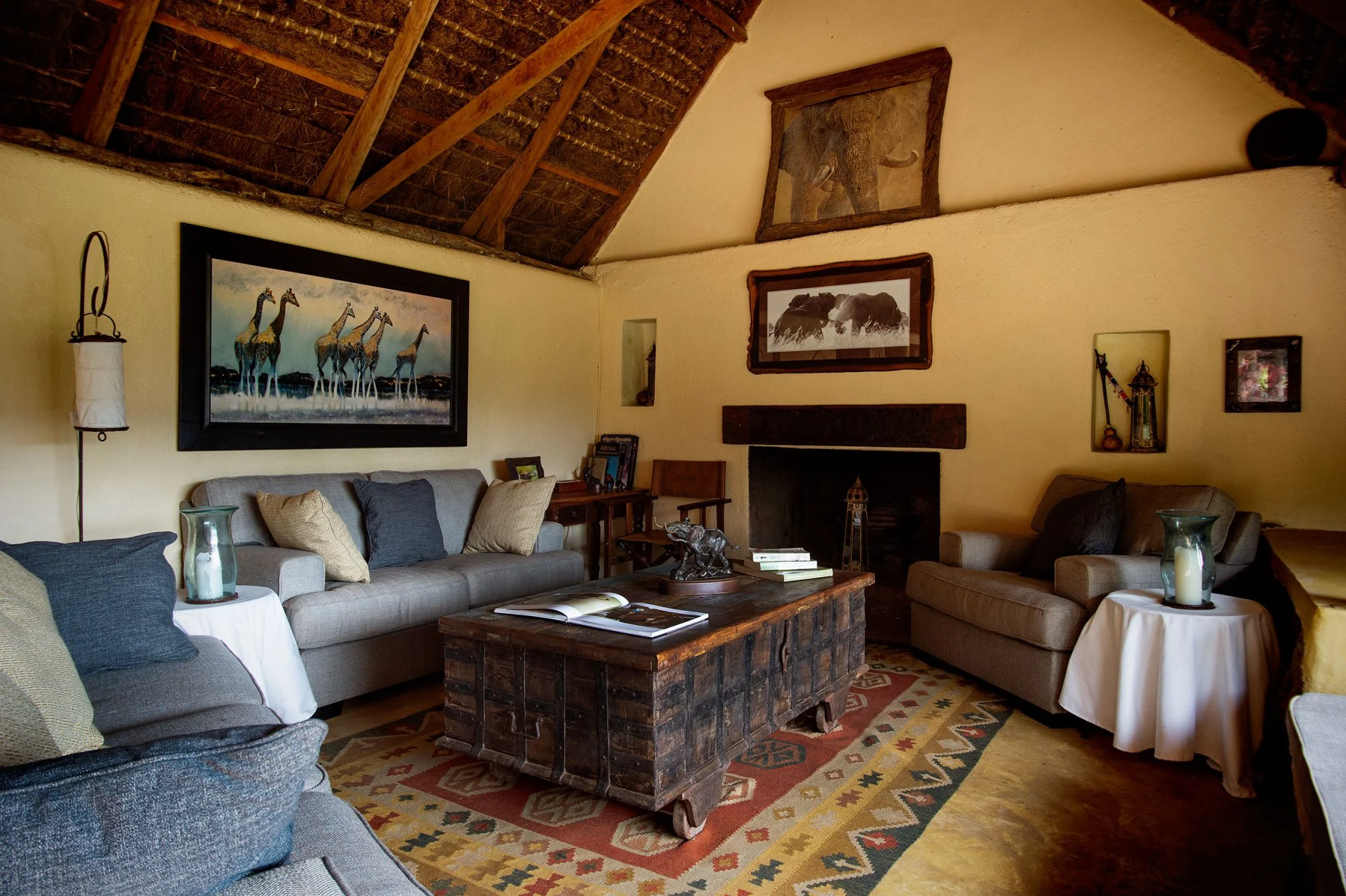 The lounge, with sofas and a fireplace