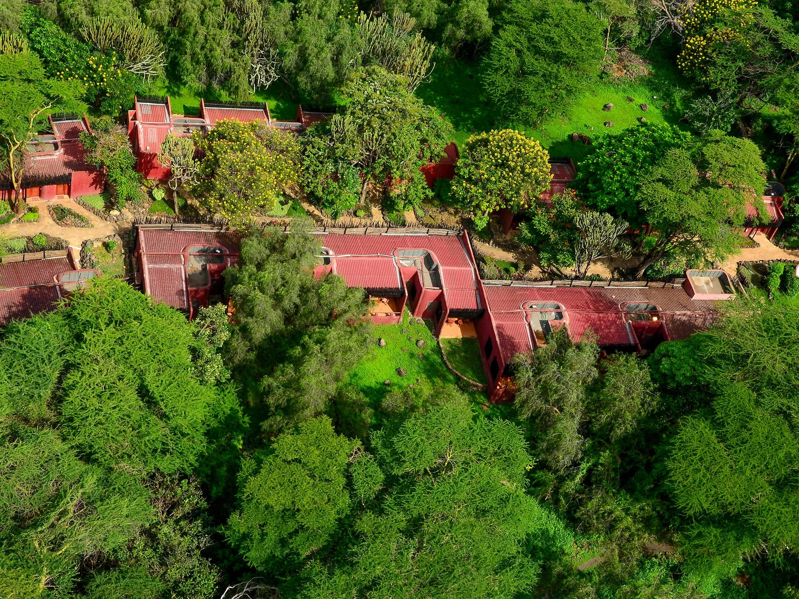 The lodge from the air, set among trees