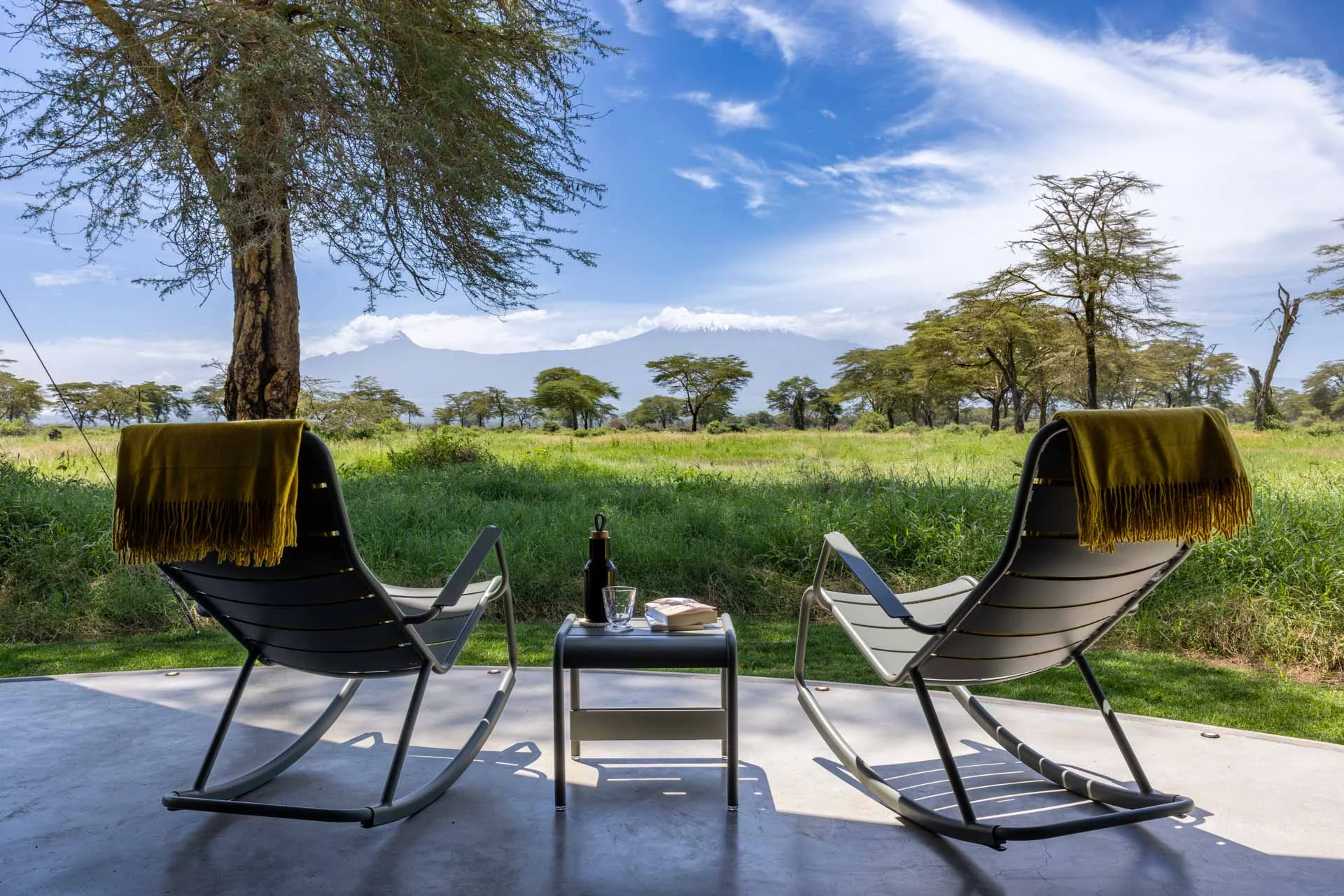 Two chairs on a terrace looking out to the trees