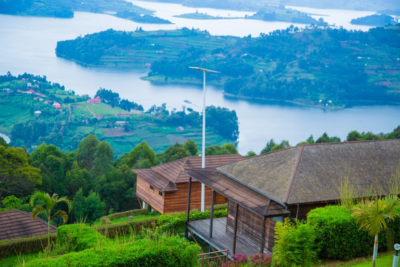 The cottages above Lake Bunyonyi and its islands