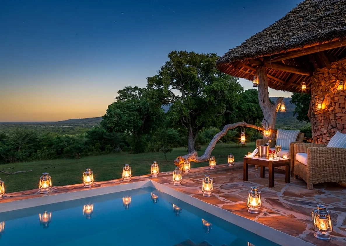 Lanterns around the pool at dusk
