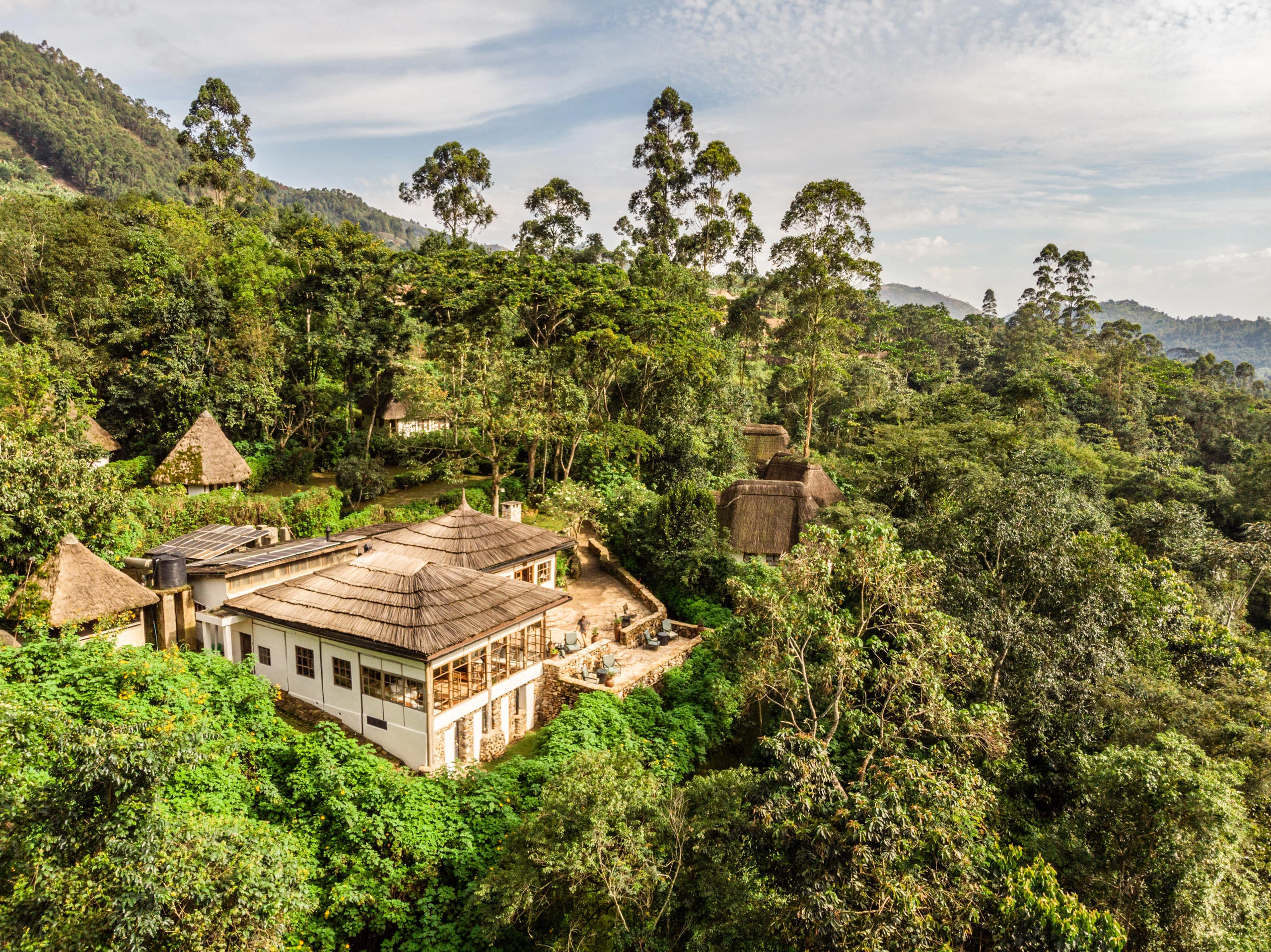 The lodge's bandas on the forested hillside, from the air