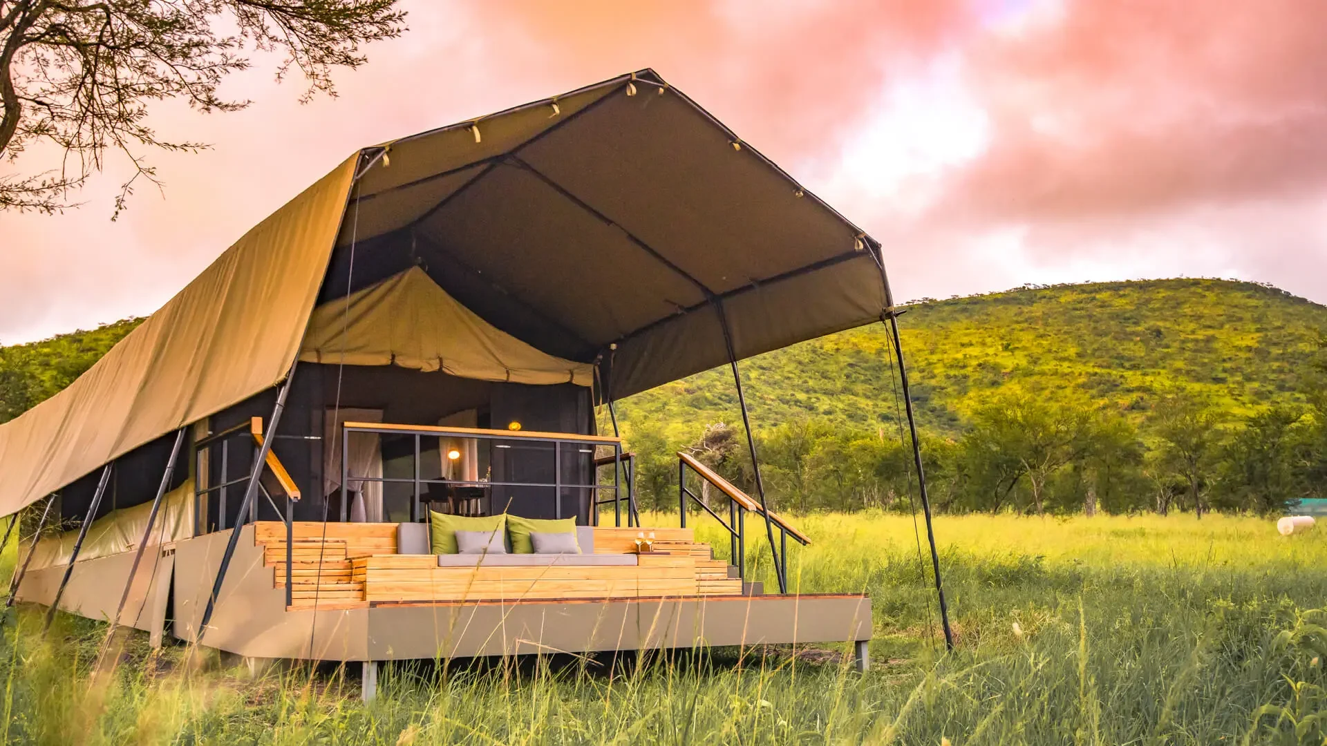 A guest tent on its deck in the long grass