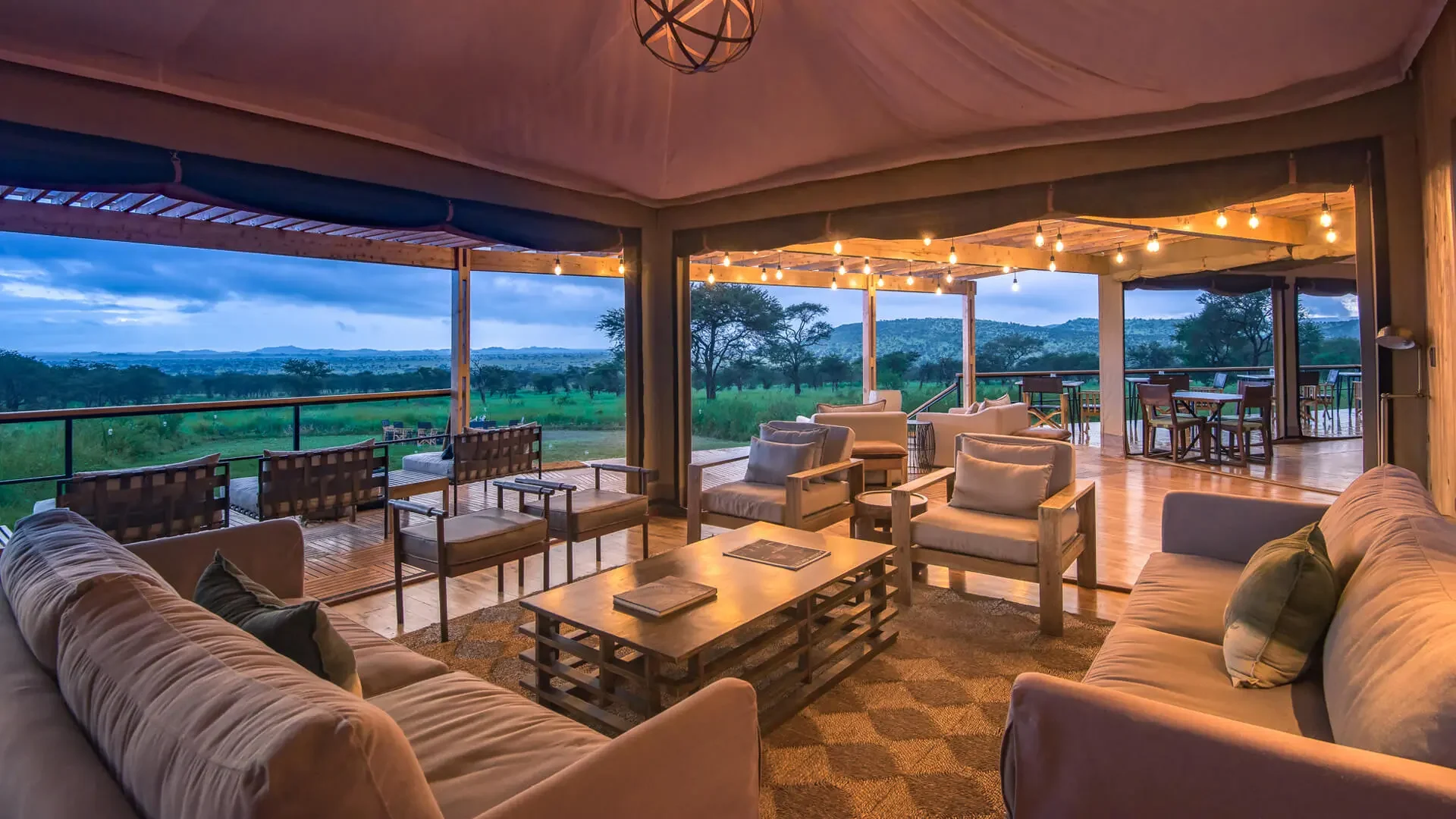 The lounge tent open to the plains