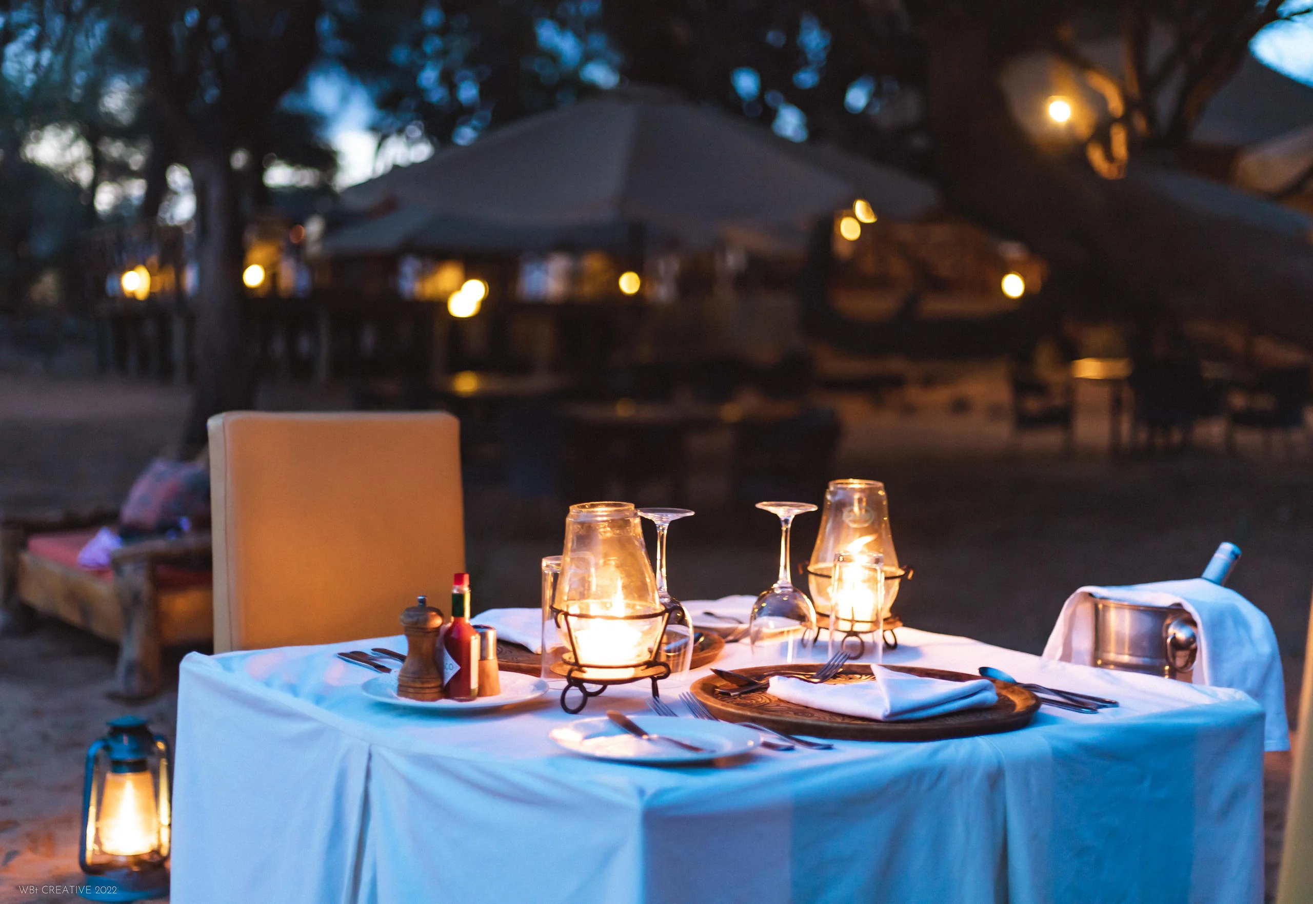A table laid for dinner beneath the trees at dusk