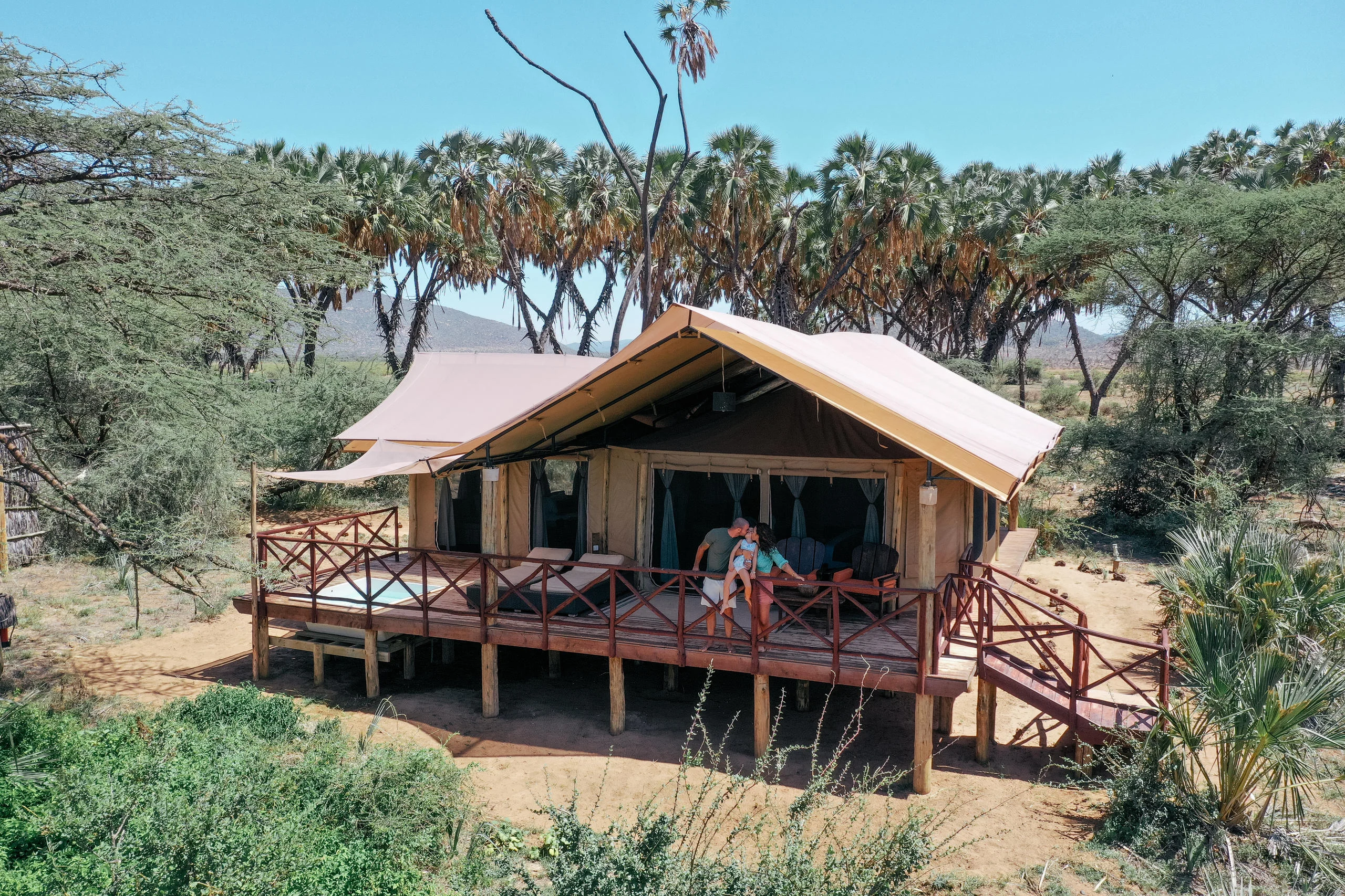 A guest tent with its deck among the trees