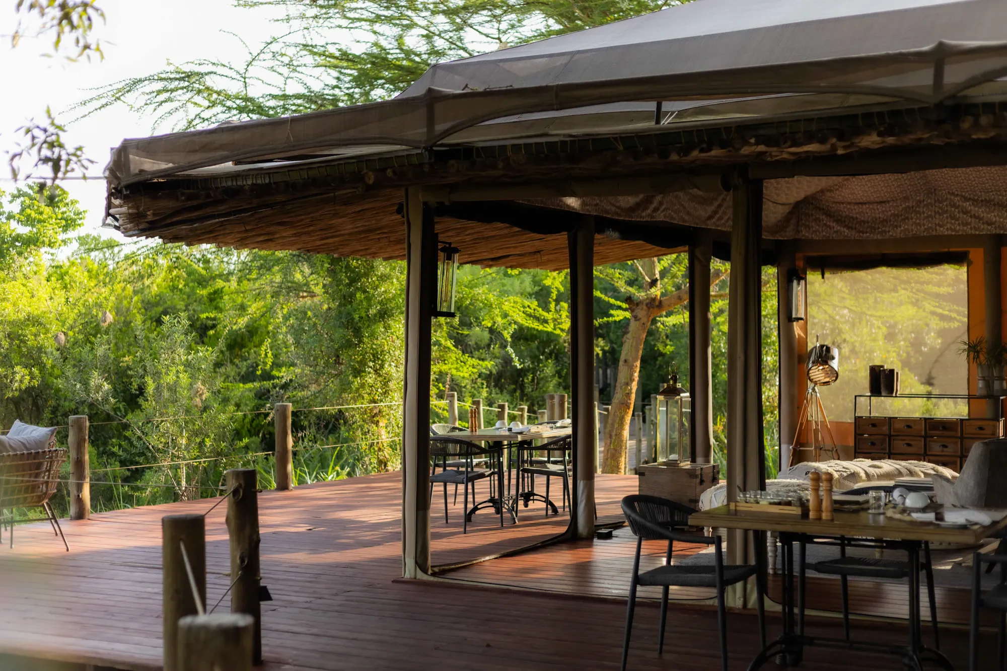 The dining deck under the trees
