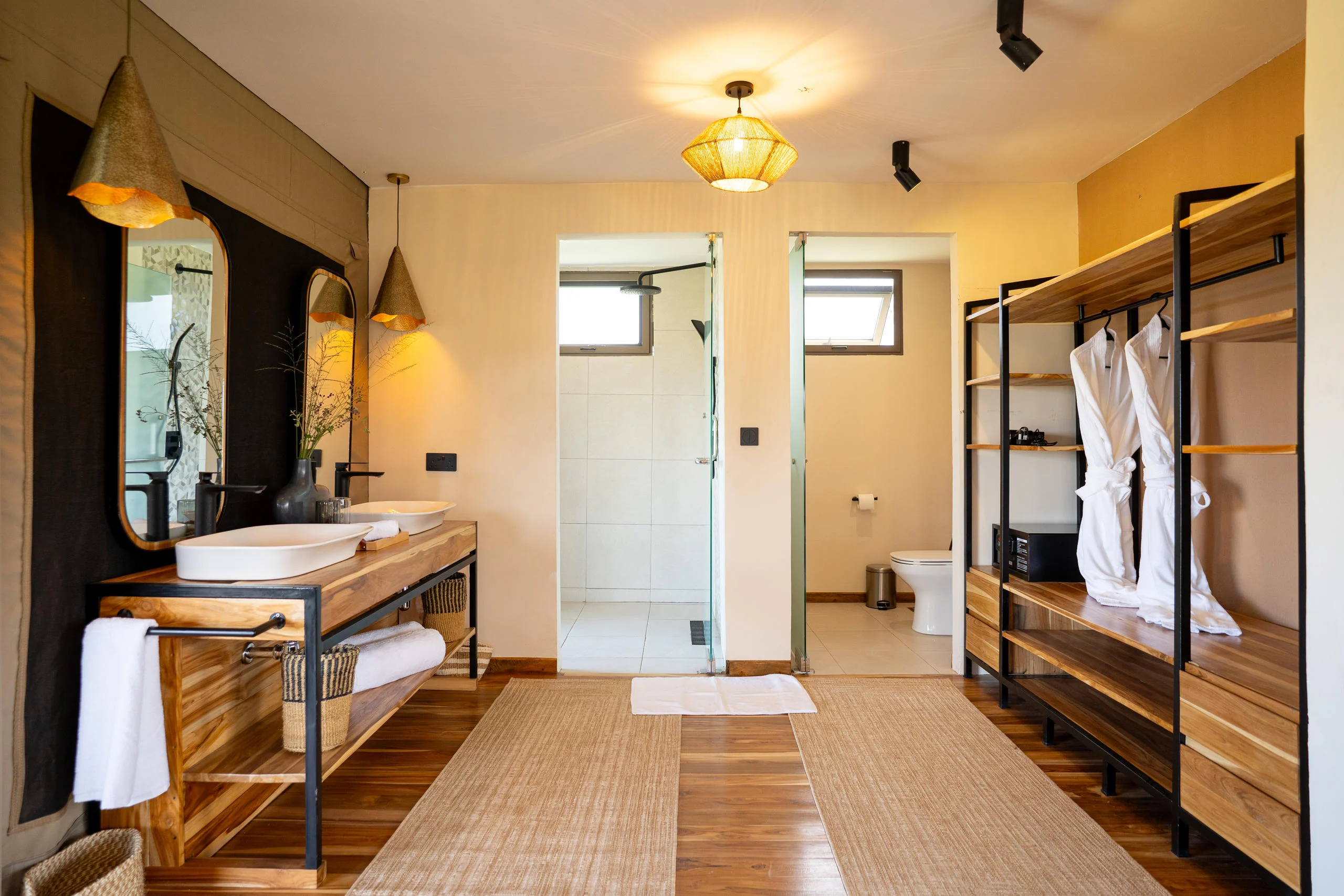 A tent bathroom and dressing area