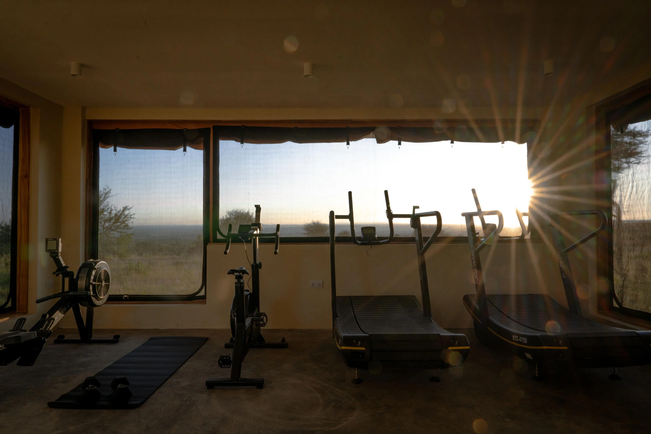 The gym with exercise machines and a view of the plains