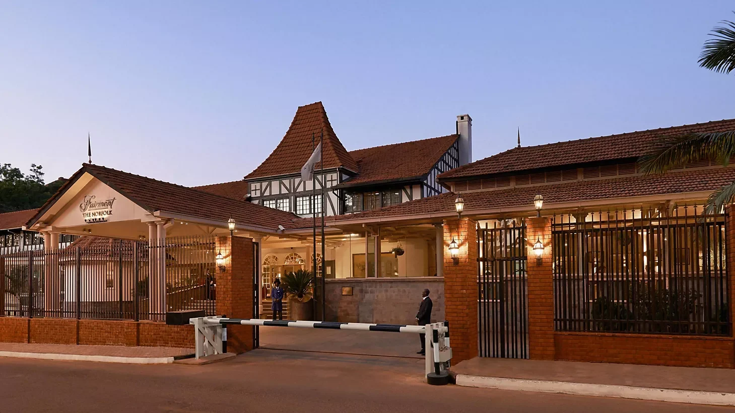The hotel front at dusk