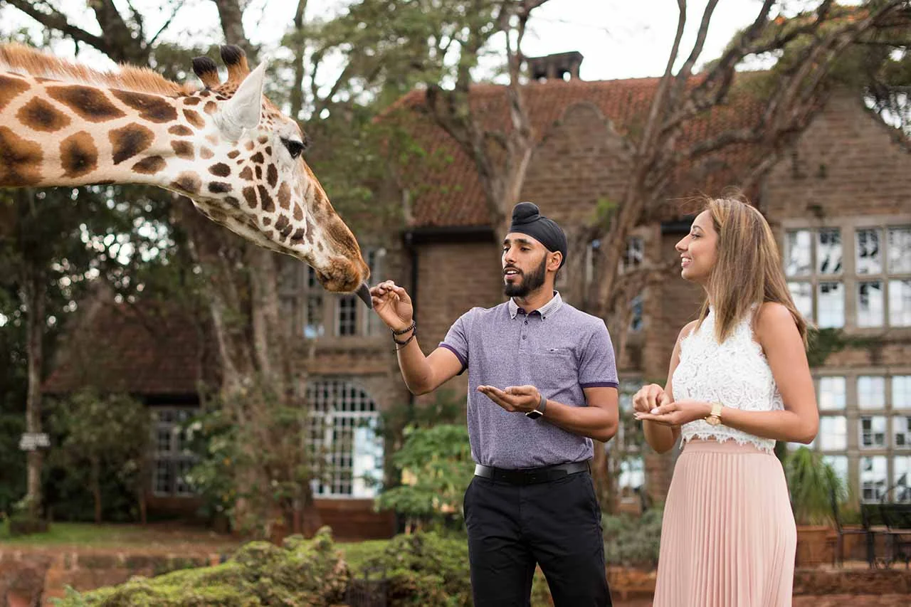 A couple feeding a giraffe by hand in front of the manor