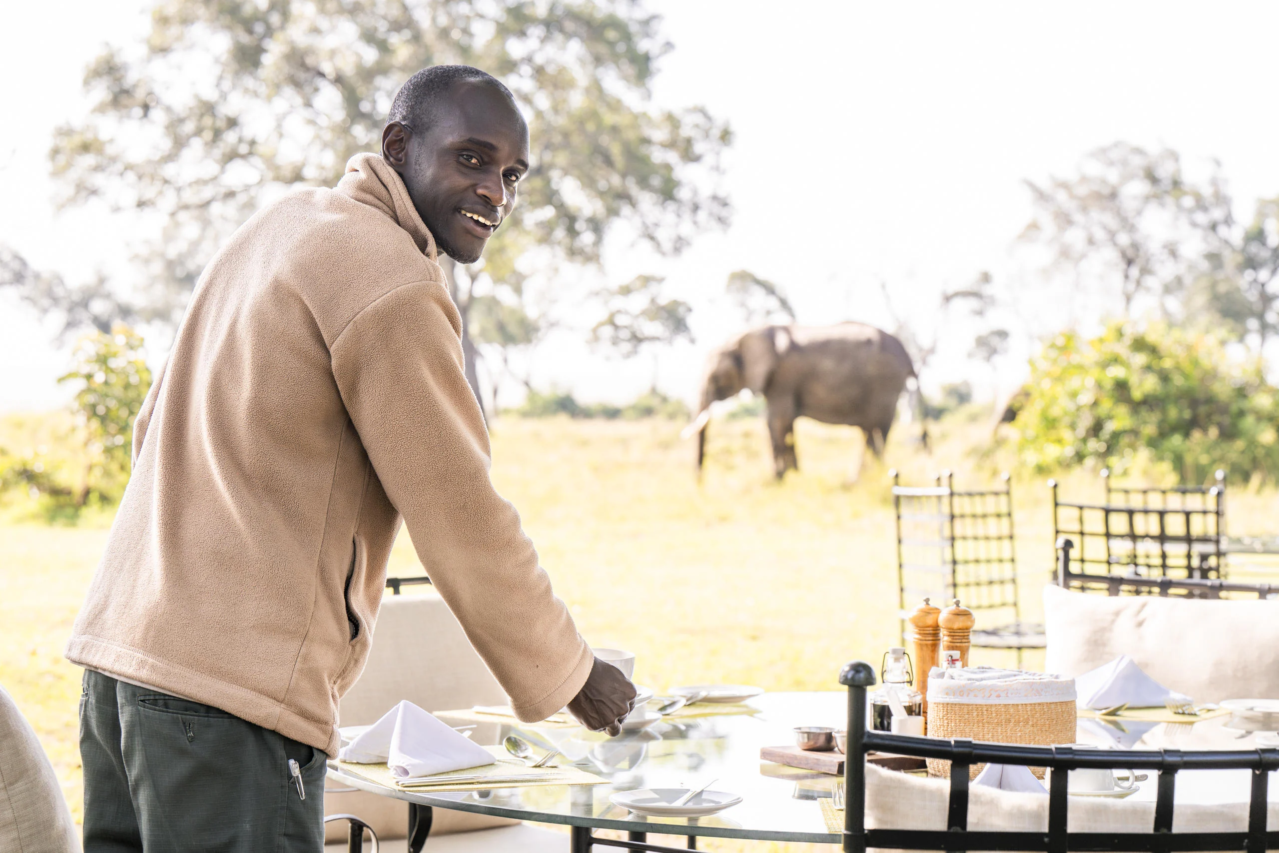 A member of staff laying a table with an elephant beyond