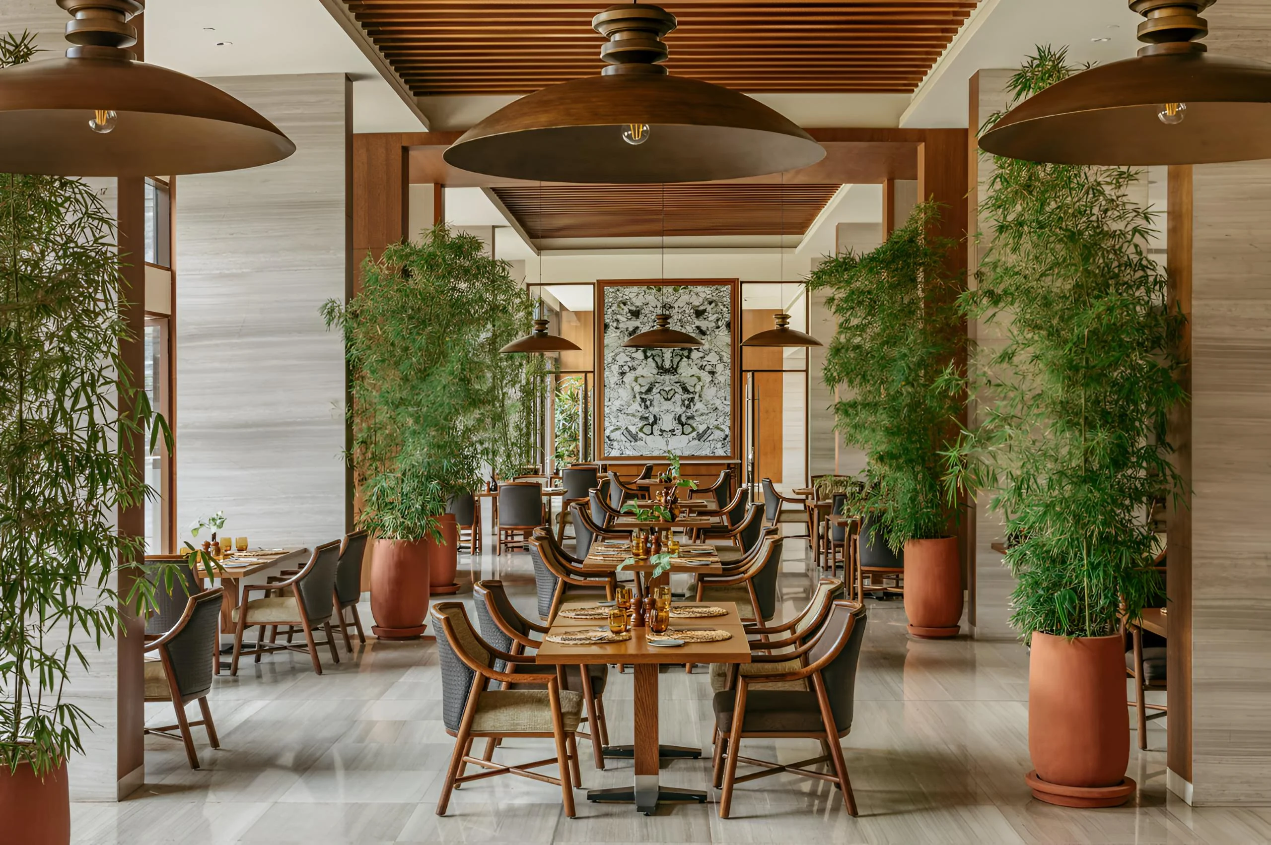 The restaurant with timber ceilings and planters