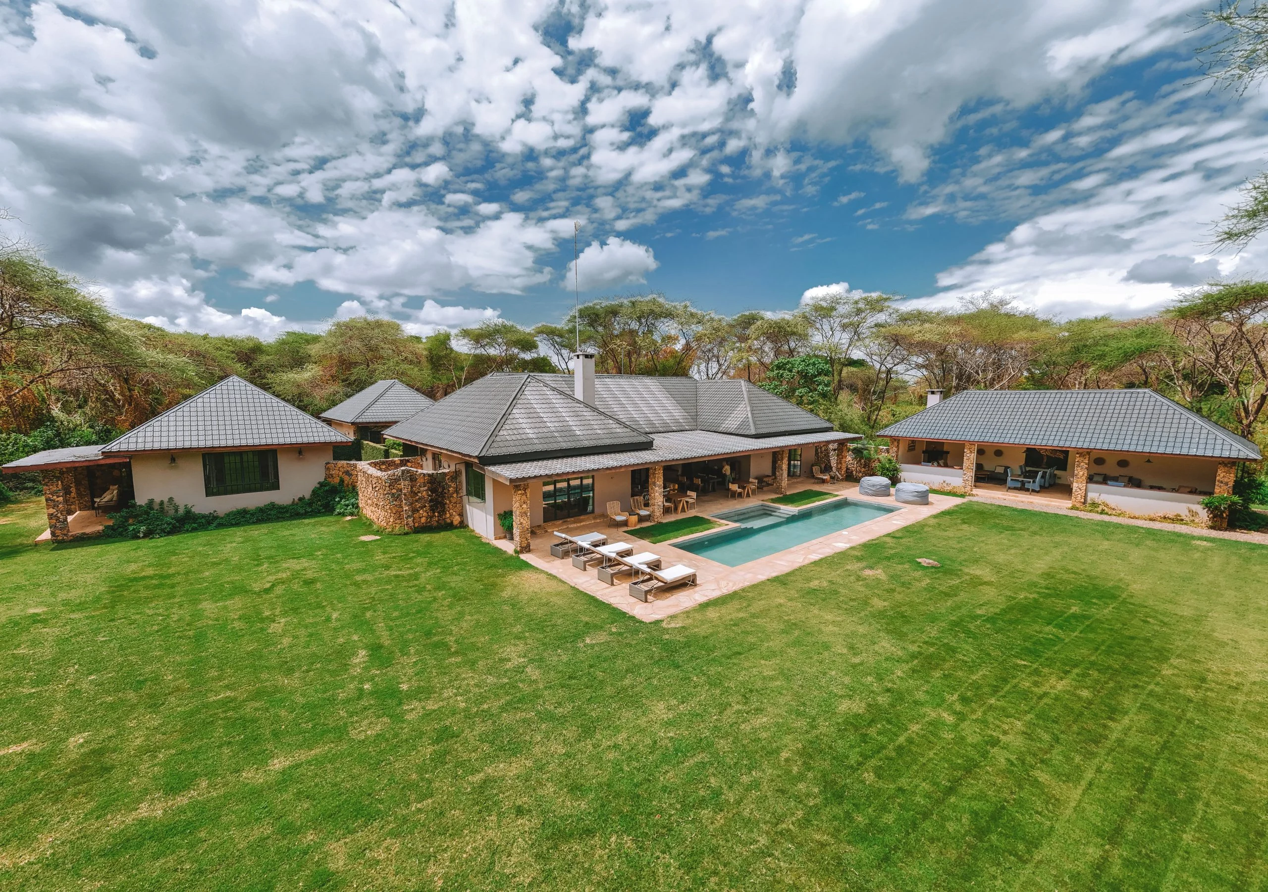 The house, pool and lawns from above