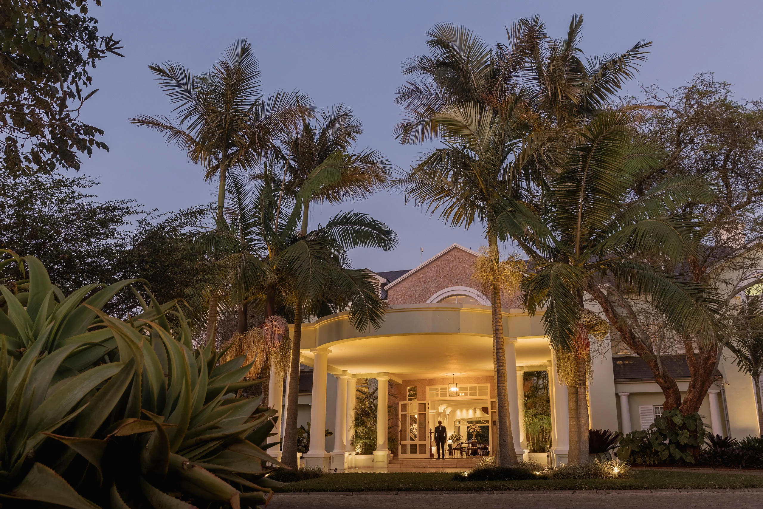 The entrance portico beneath palms at dusk