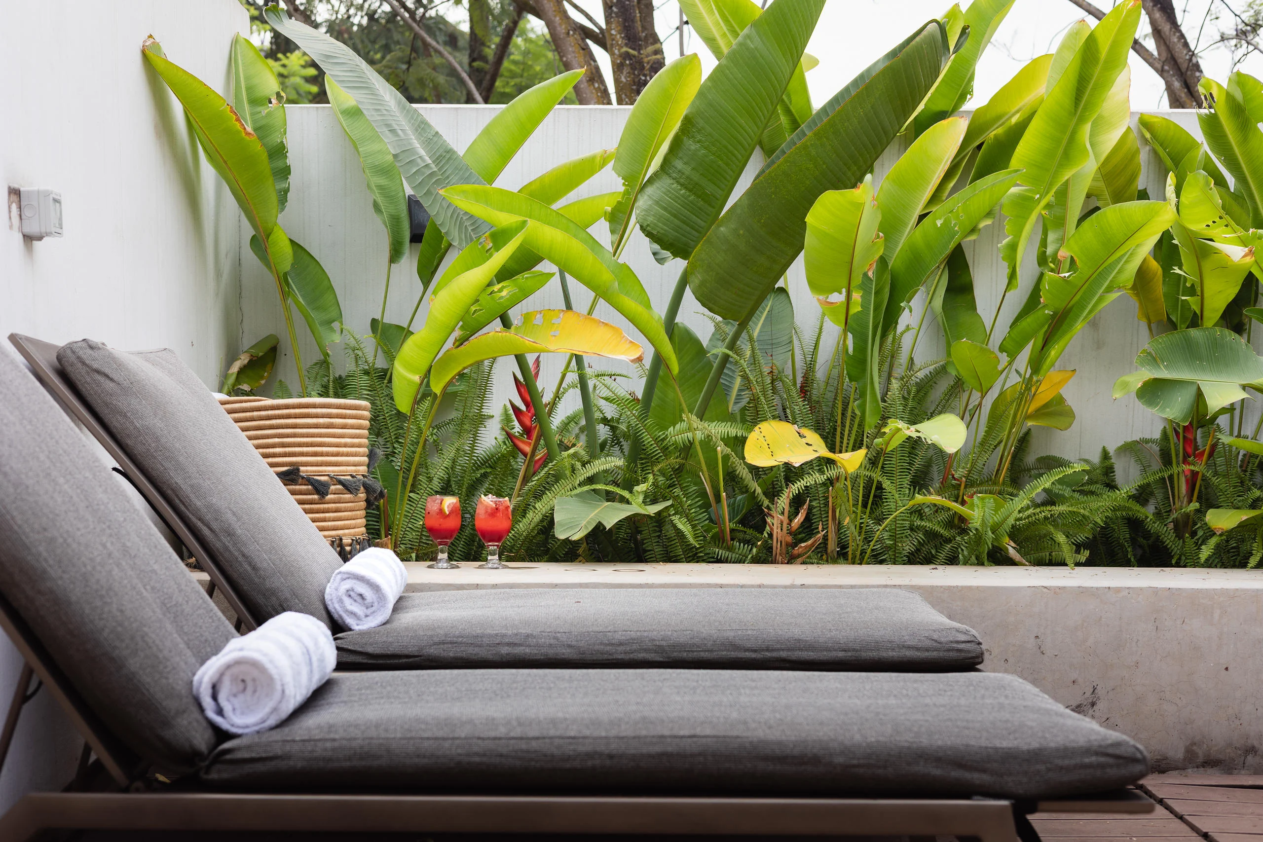 A lounger beside a private pool among the plants