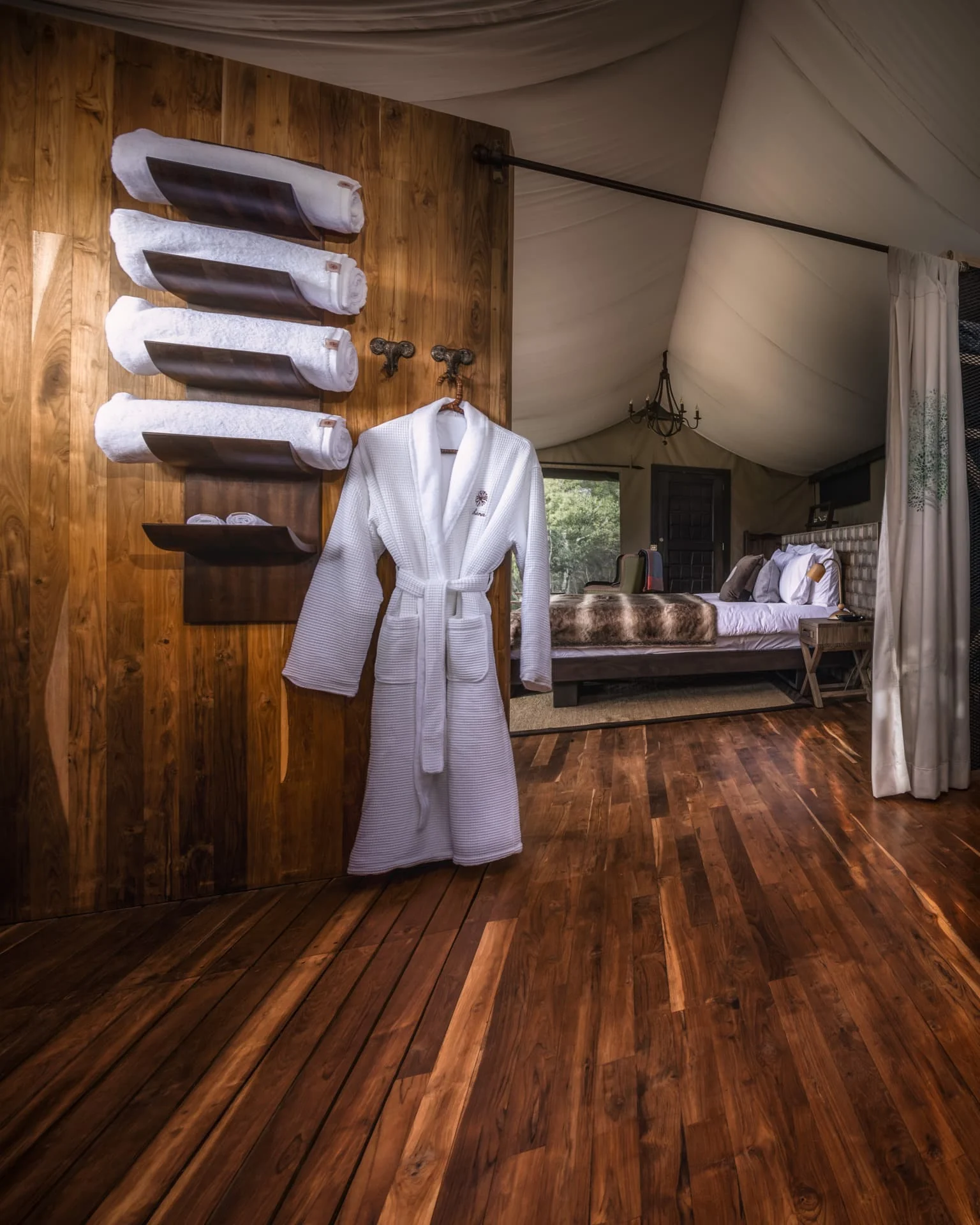 Bathrobes and towels in a river suite