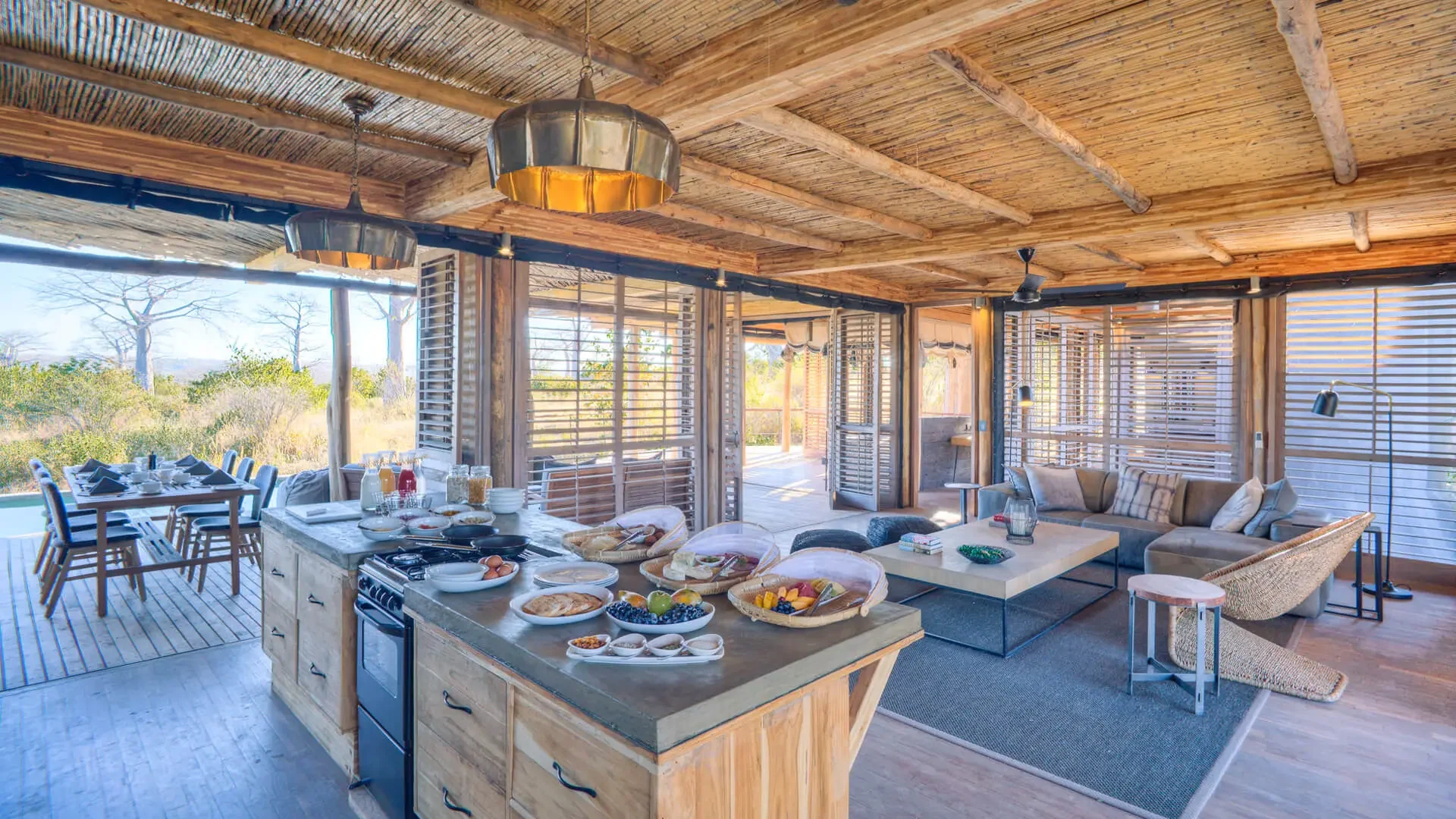The kitchen island with breakfast laid out and the view beyond