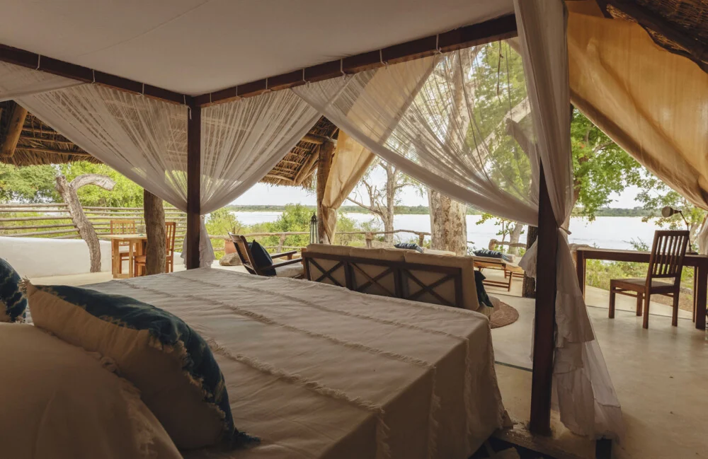 A bed with drapes, looking out to the trees