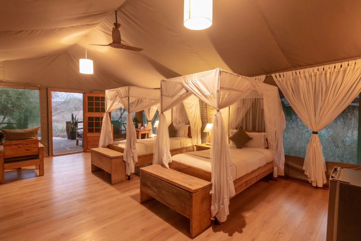 A twin tent with canopied beds