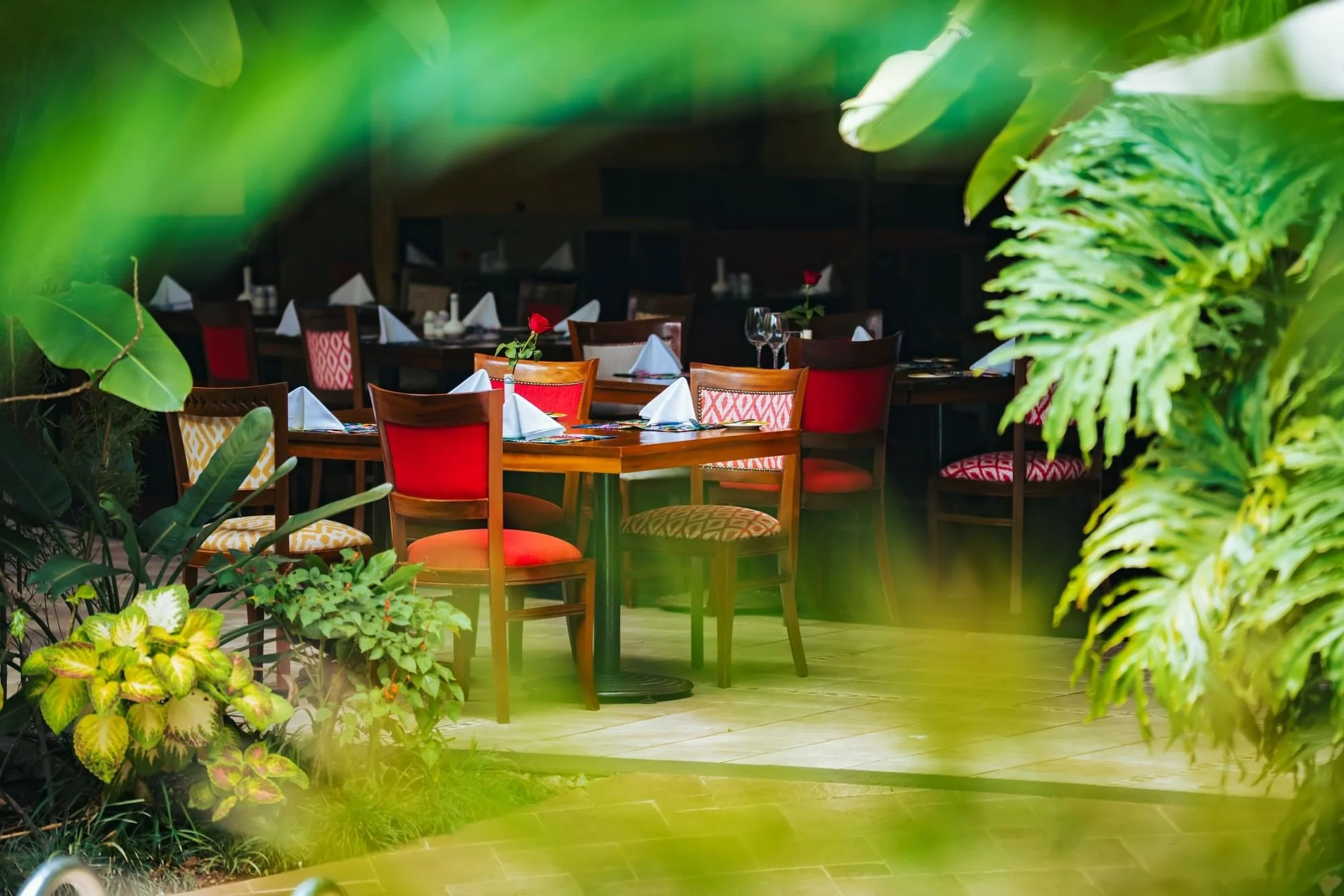 Tables set in the garden restaurant among the plants