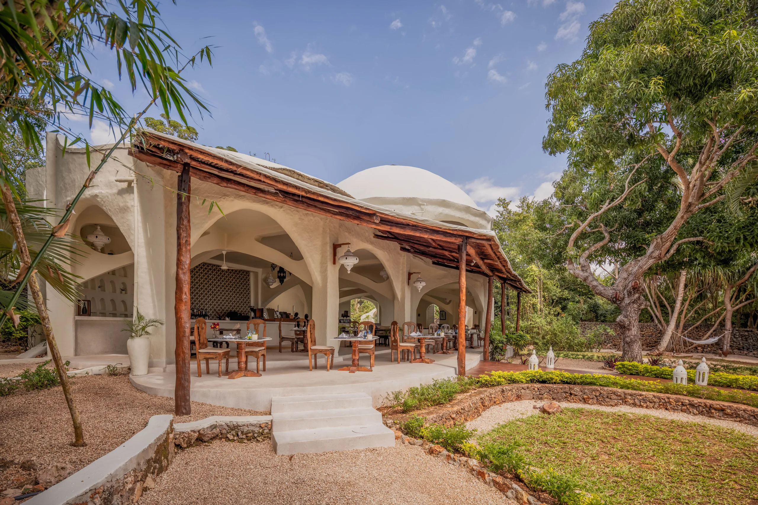 The open restaurant and timber terrace at Kilindi Zanzibar