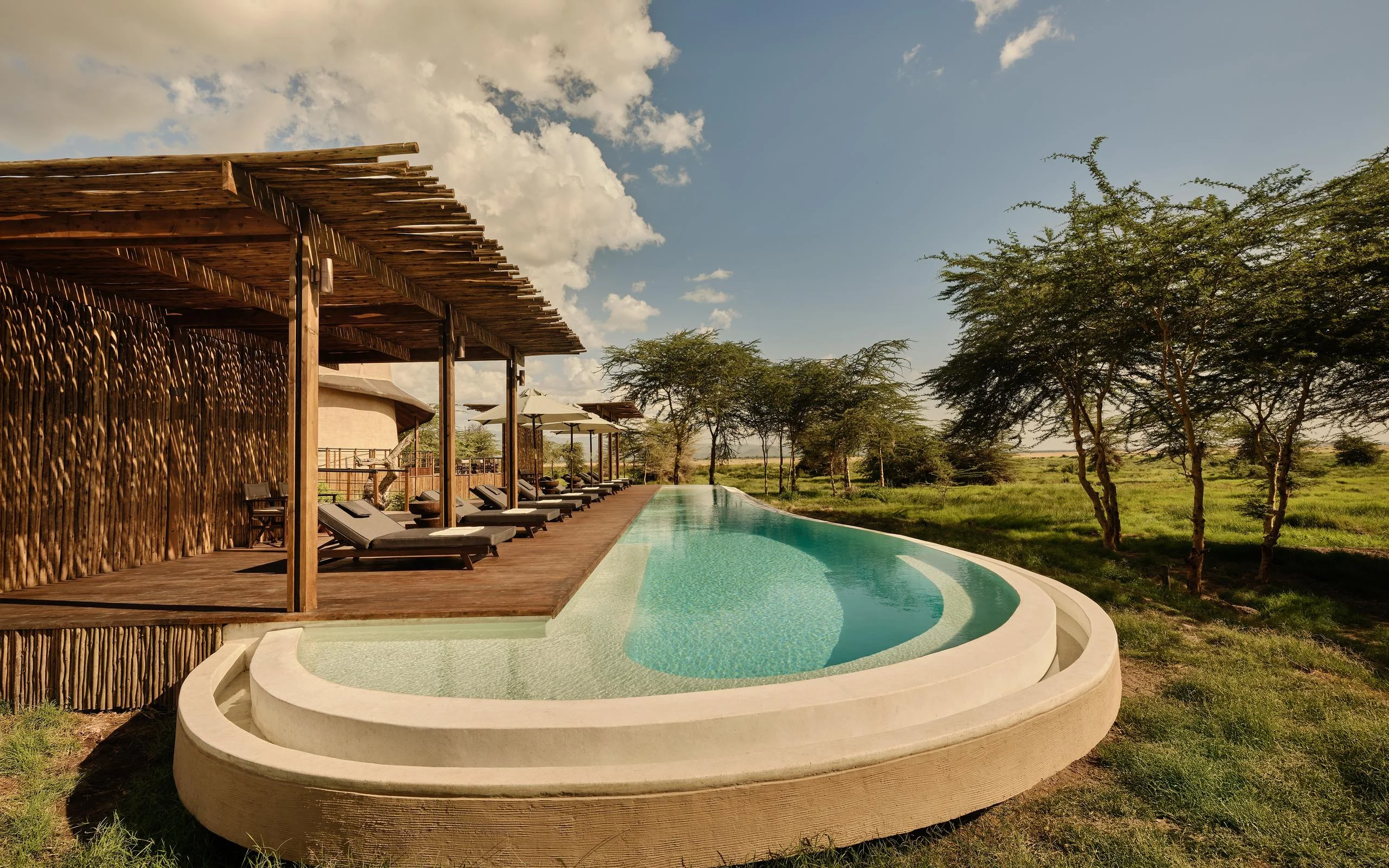 The pool with thatched shade among the acacias