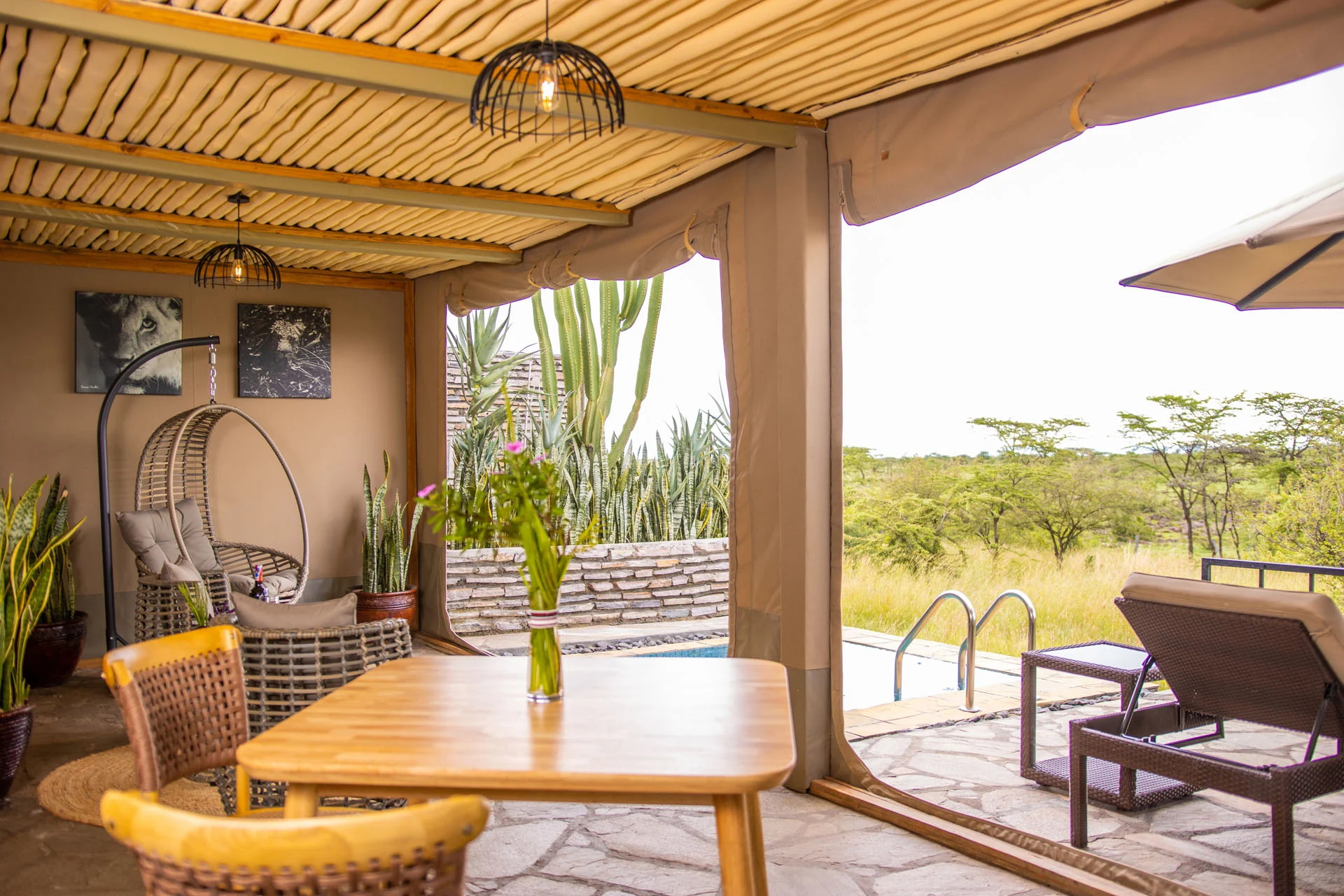 A tent veranda with a hanging chair