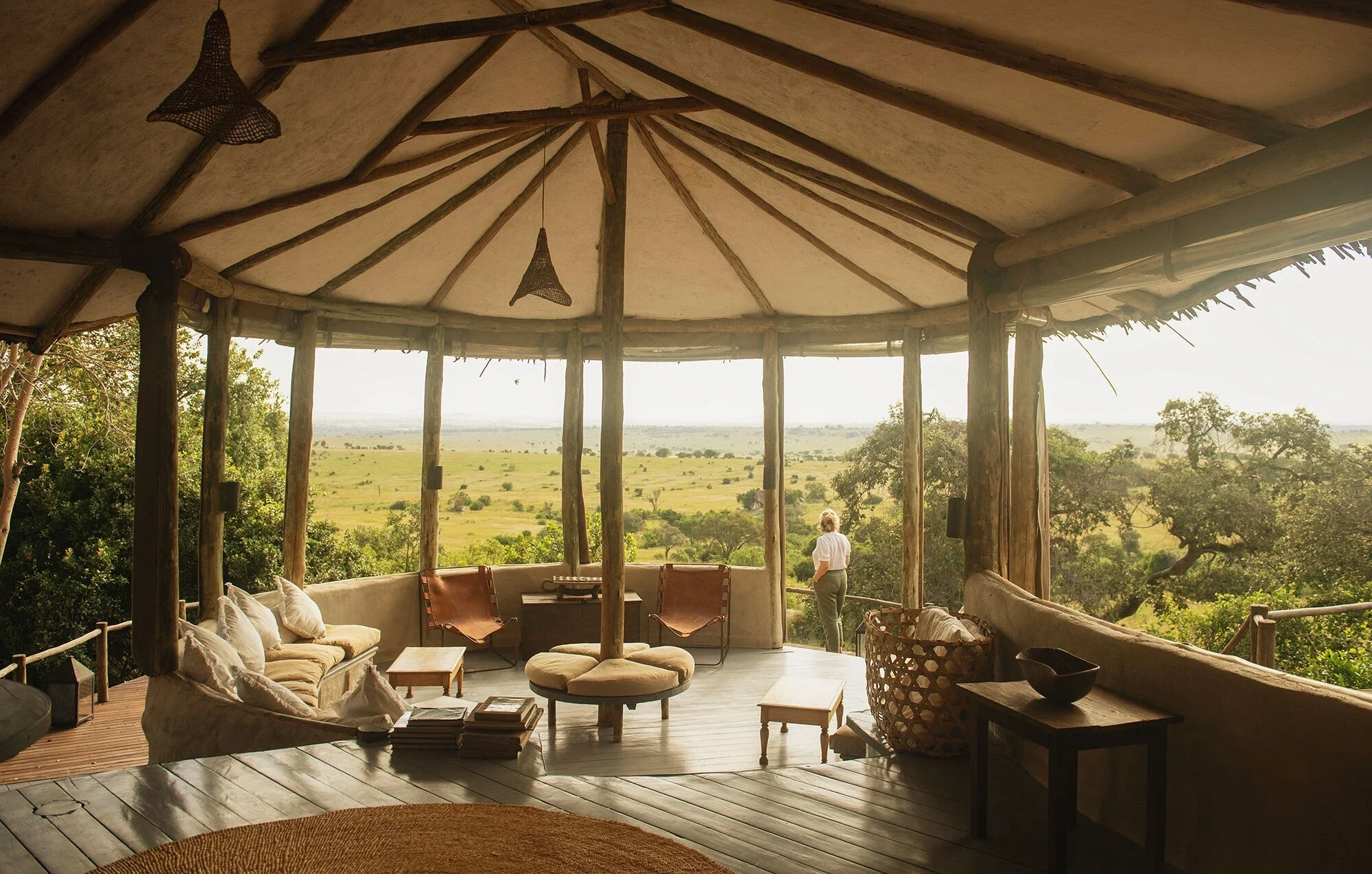 The lounge under a tented roof, looking over the plains