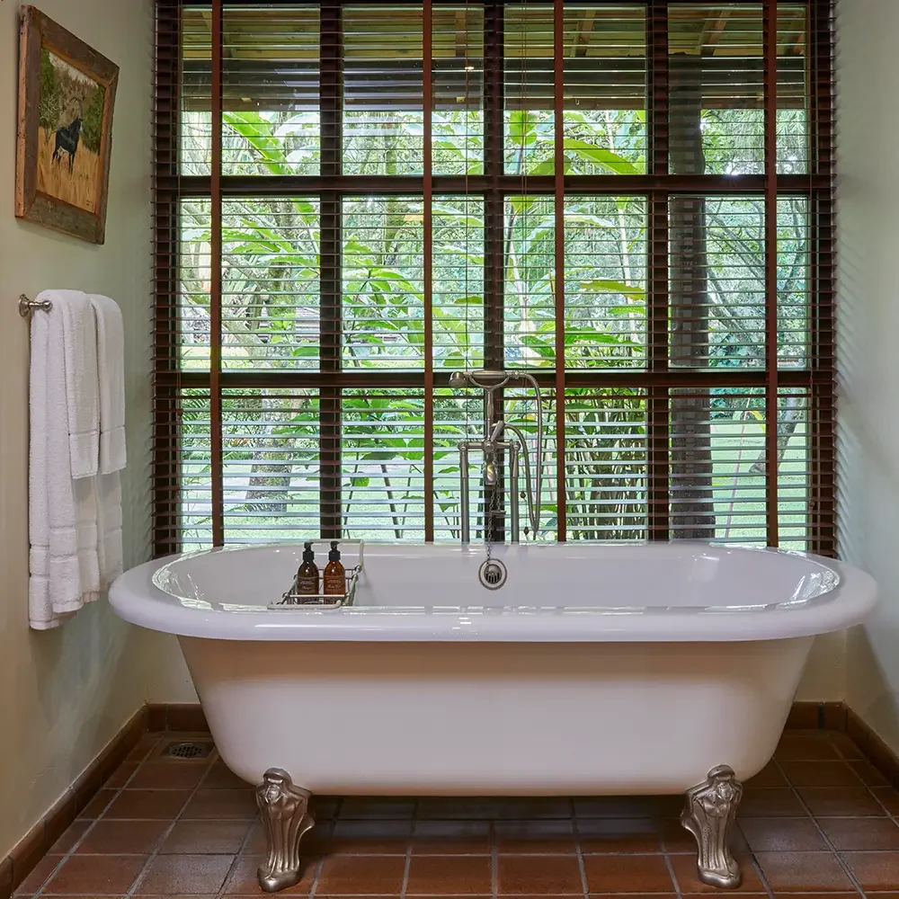 A bathroom with a freestanding bath beneath the window