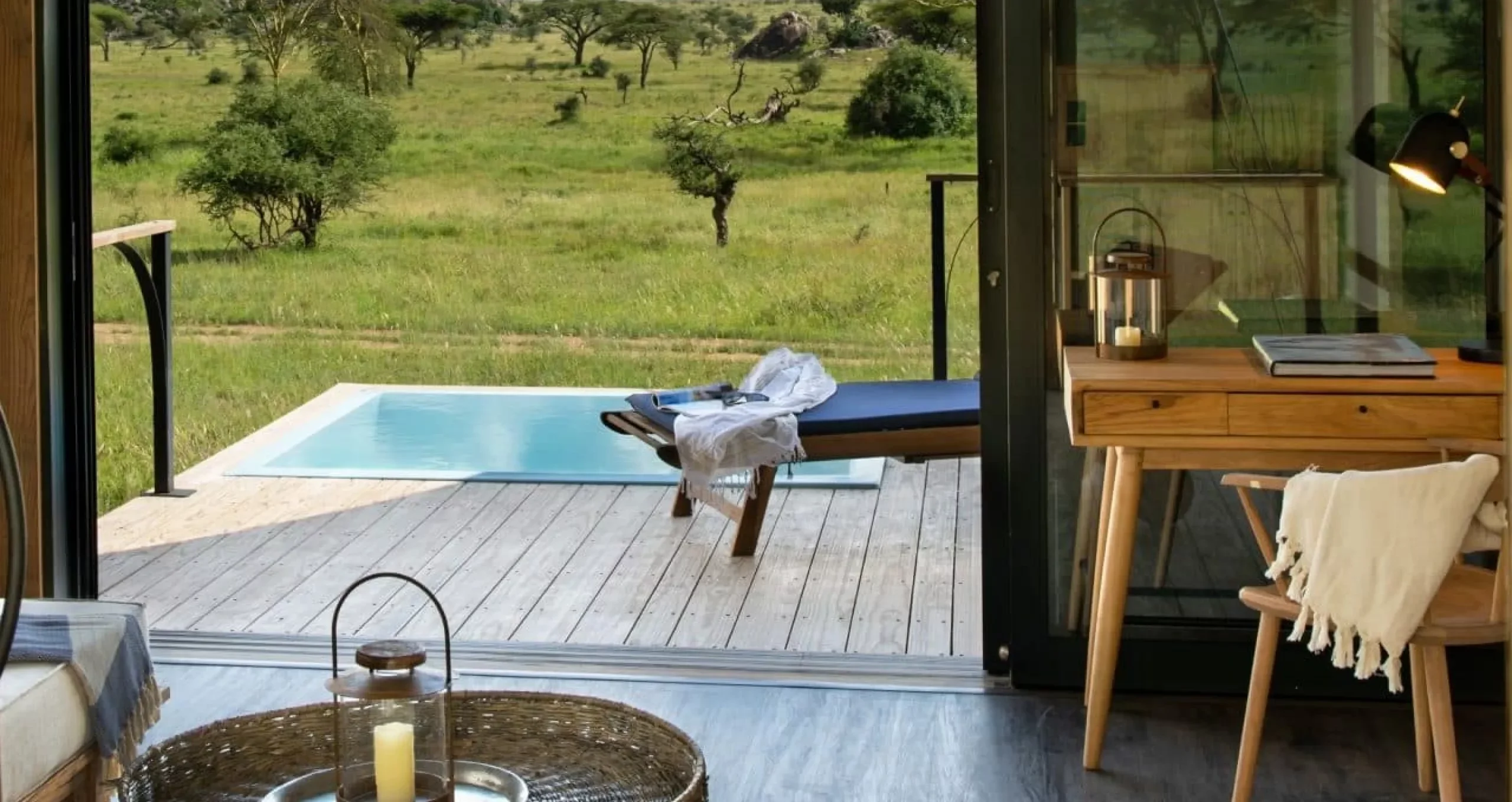 A suite deck with its plunge pool and the plains beyond