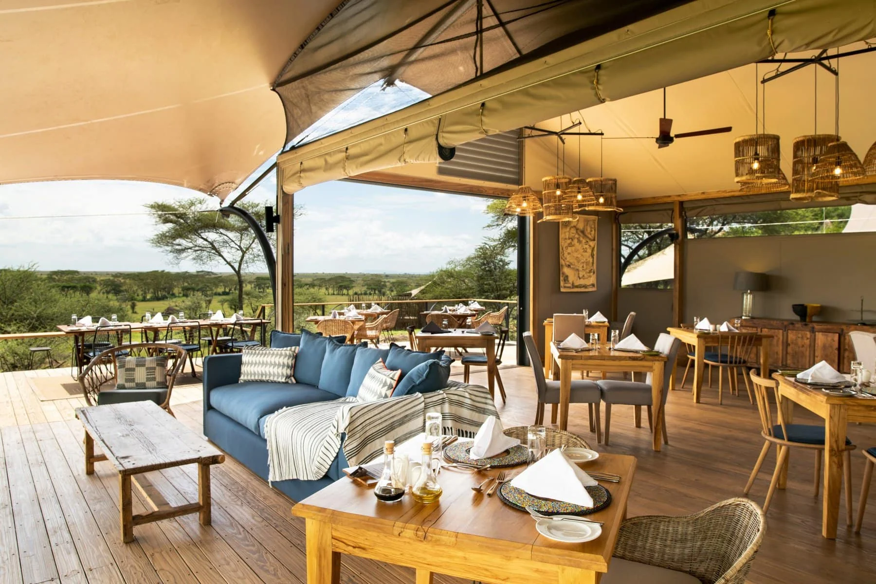 The lounge and dining tent, open to the plains