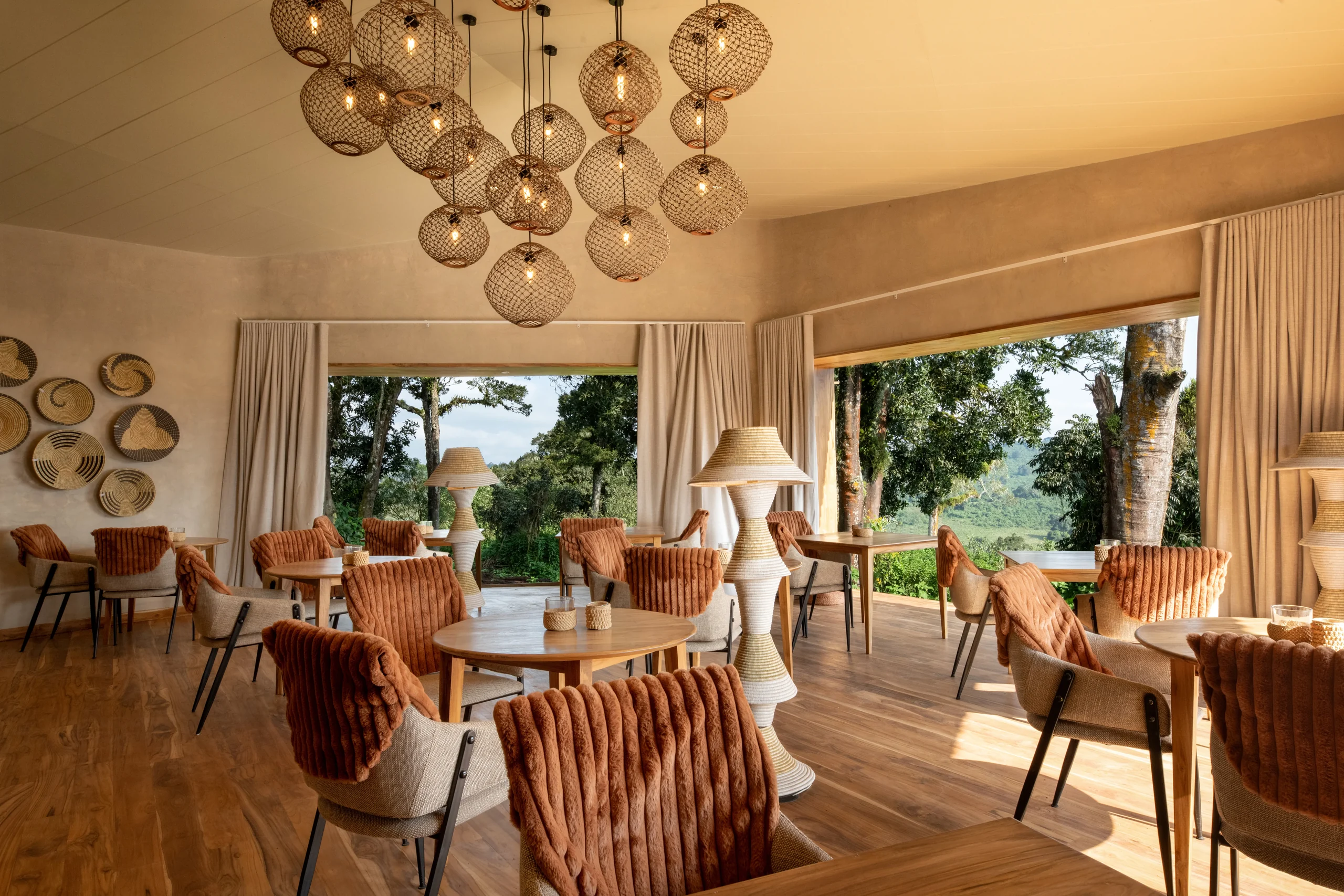 The dining room with glass pendant lamps